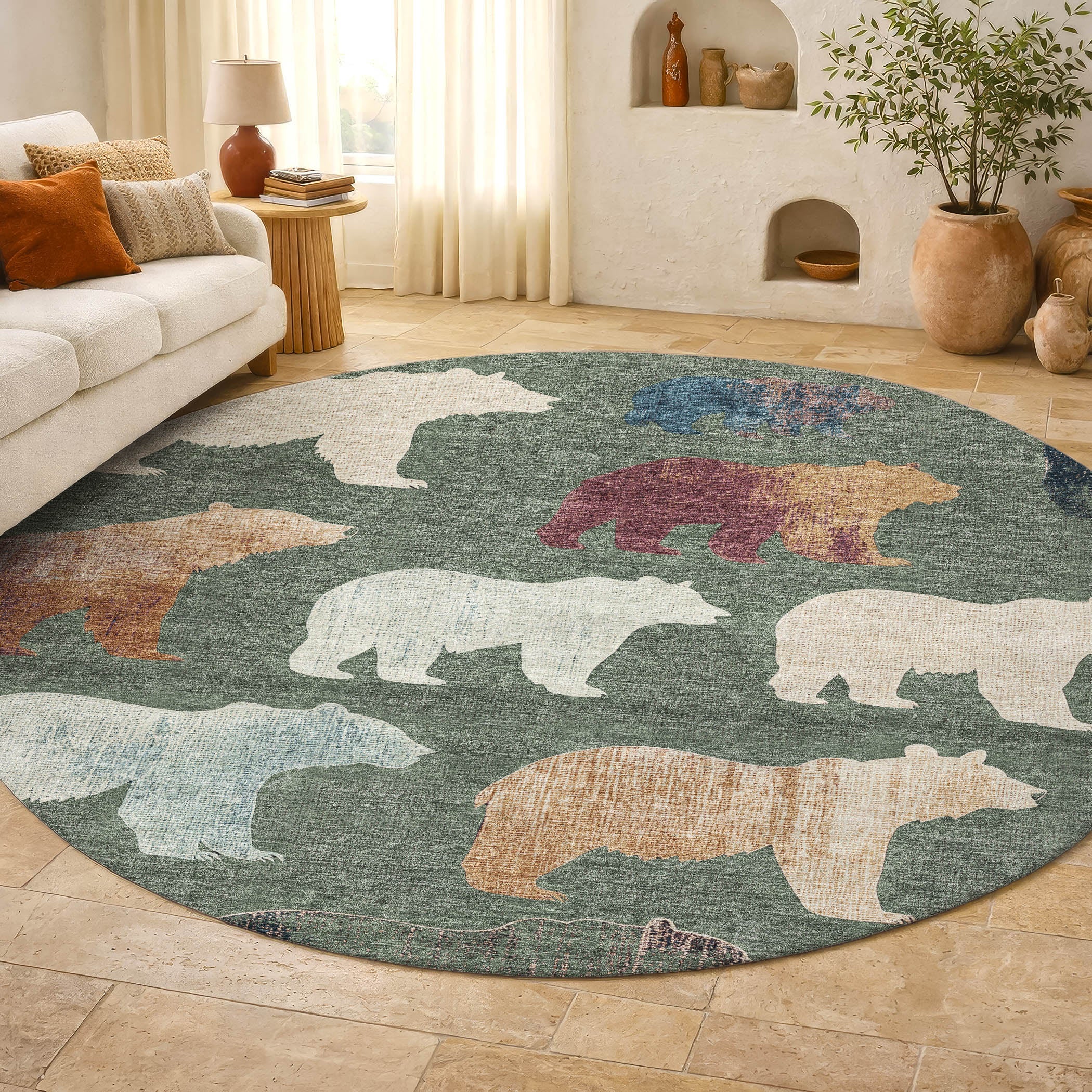 Porto Machine Washable Transitional Green Rug 8' x 8' #shape_Round