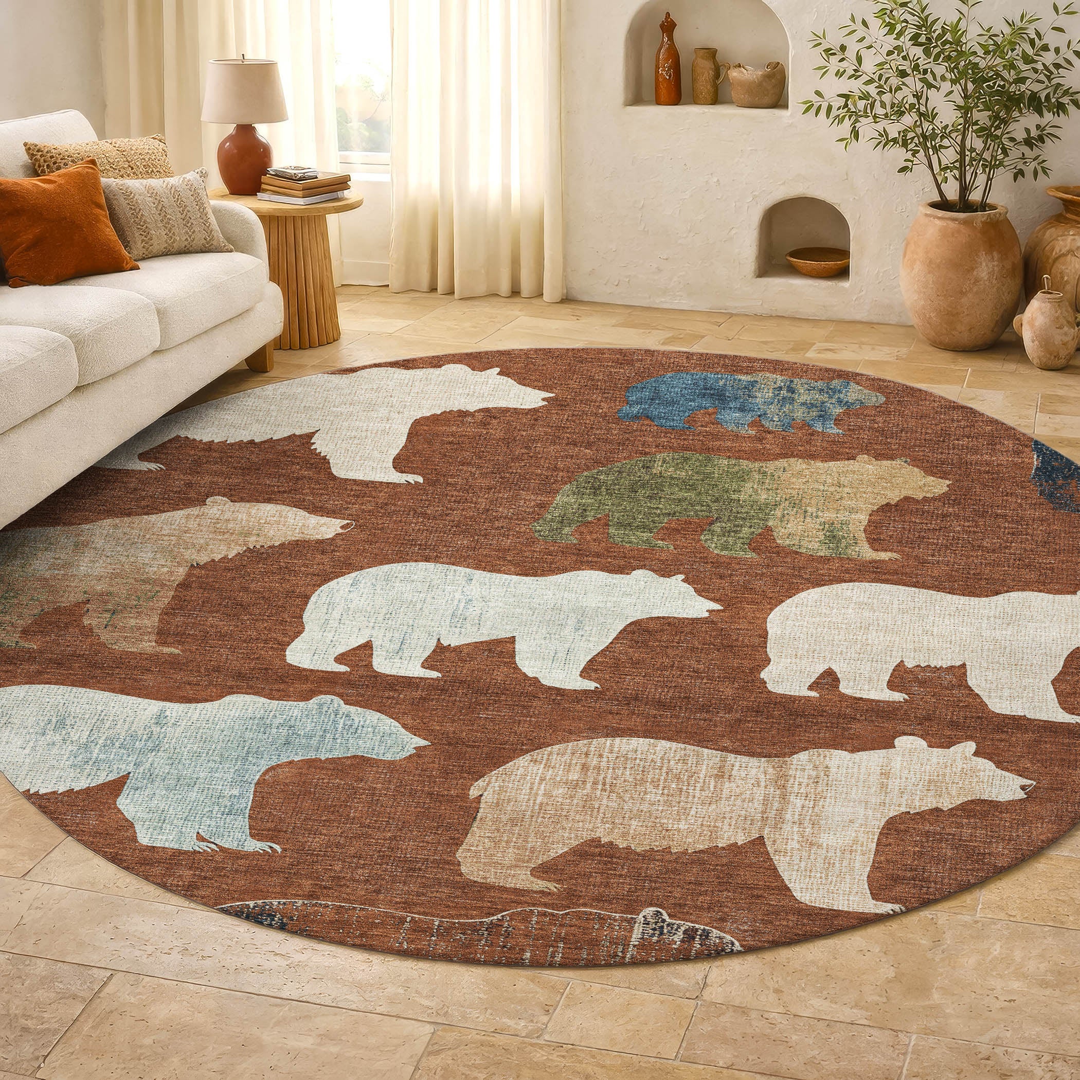 Porto Machine Washable Transitional Paprika Orange Rug 8' x 8' #shape_Round