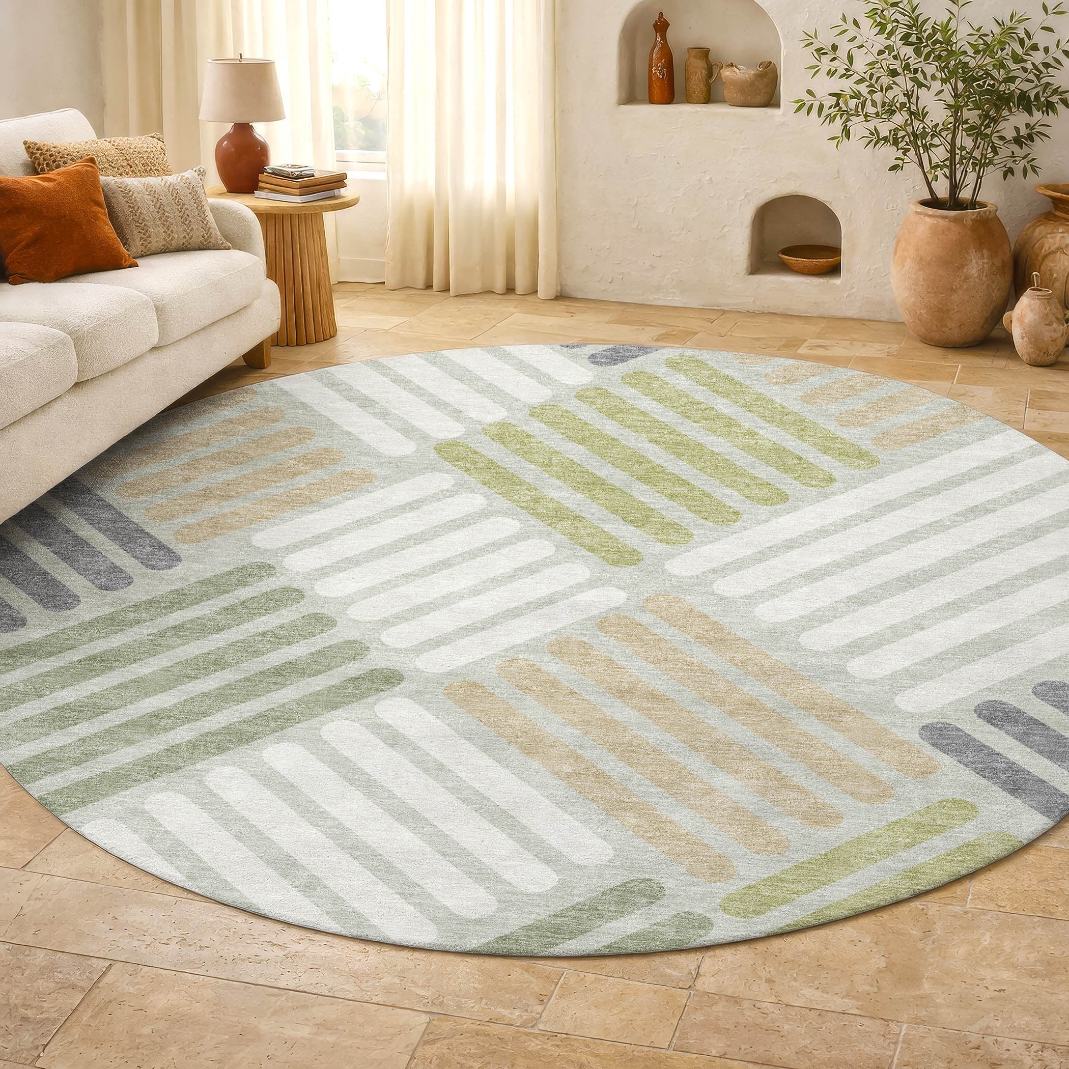 Tbilisi Machine Washable Transitional Aloe Green Rug 8' x 8' #shape_Round