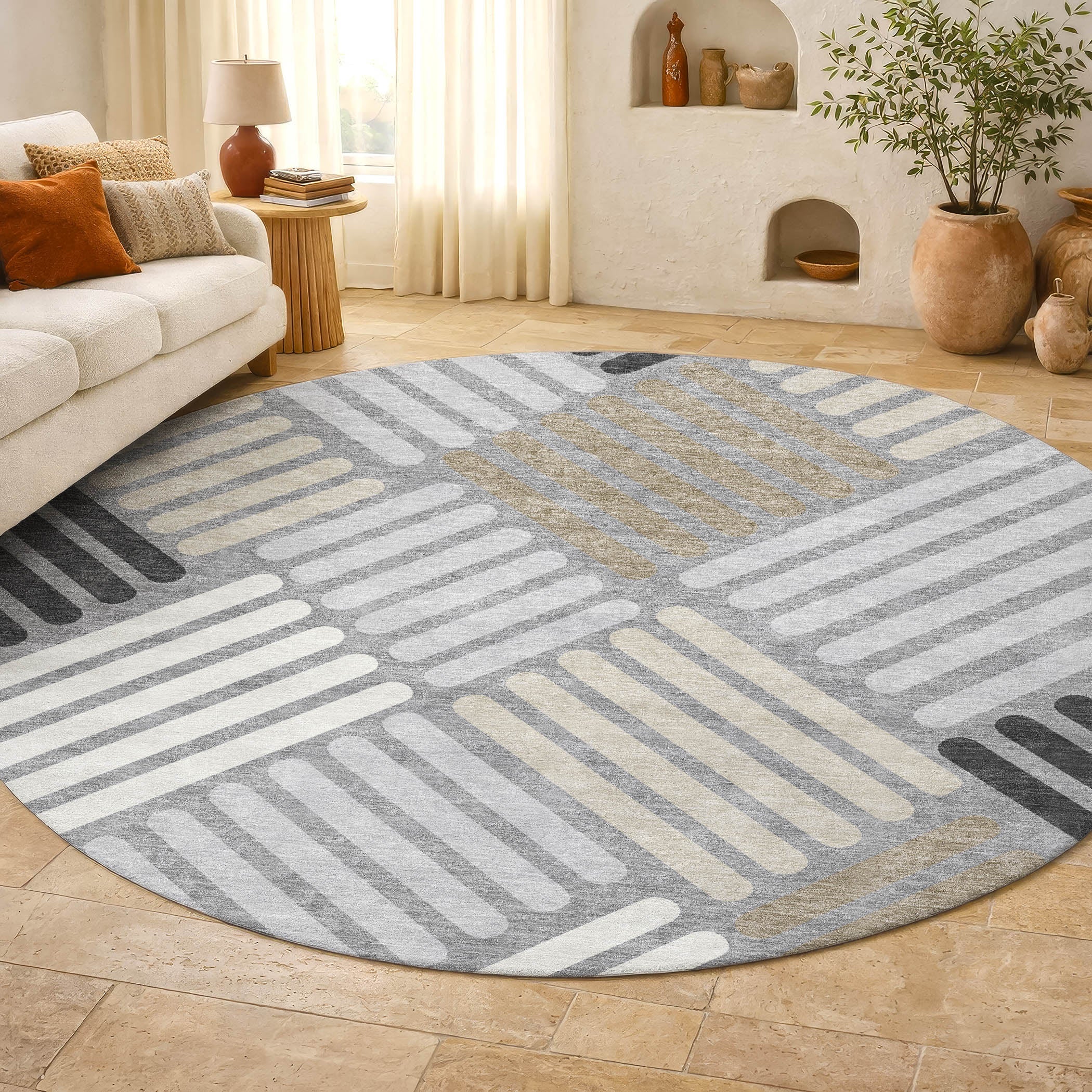 Tbilisi Machine Washable Transitional Gray Rug 8' x 8' #shape_Round