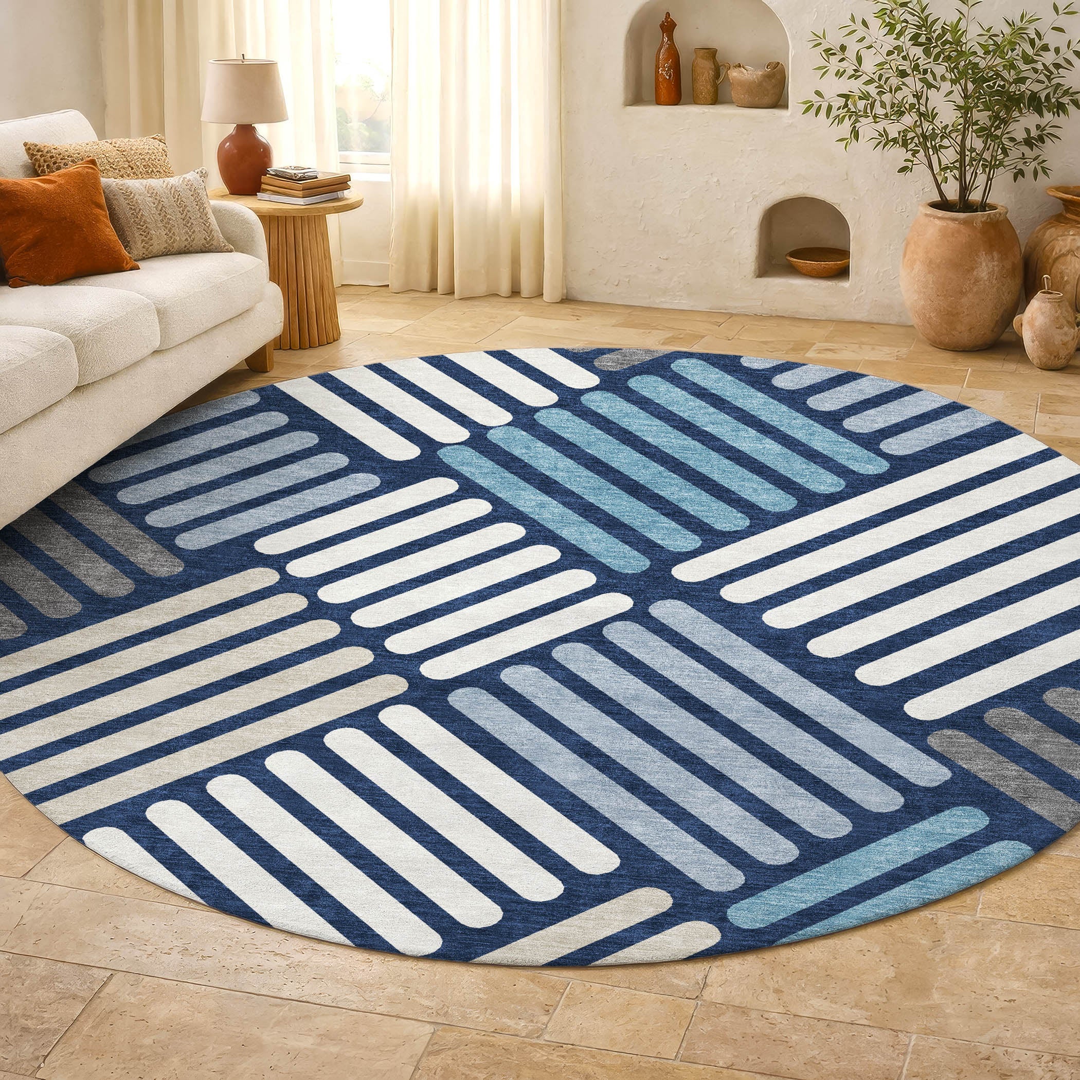 Tbilisi Machine Washable Transitional Navy Blue Rug 8' x 8' #shape_Round