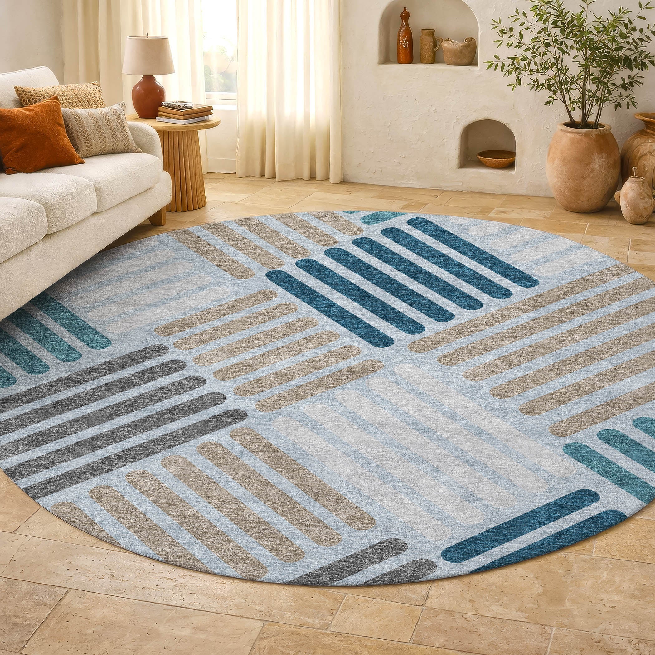 Tbilisi Machine Washable Transitional Teal Rug 8' x 8' #shape_Round