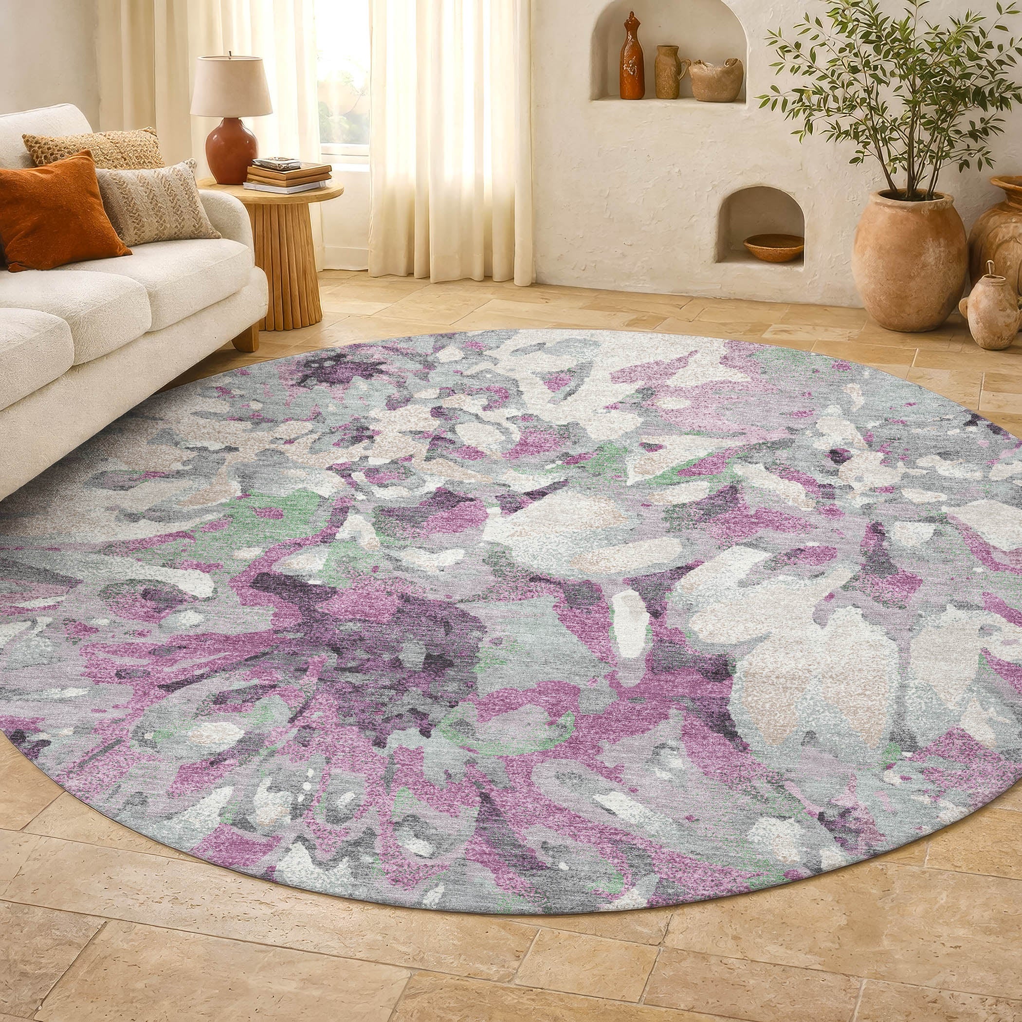 Lima Machine Washable Transitional Blush Pink Rug 8' x 8' #shape_Round