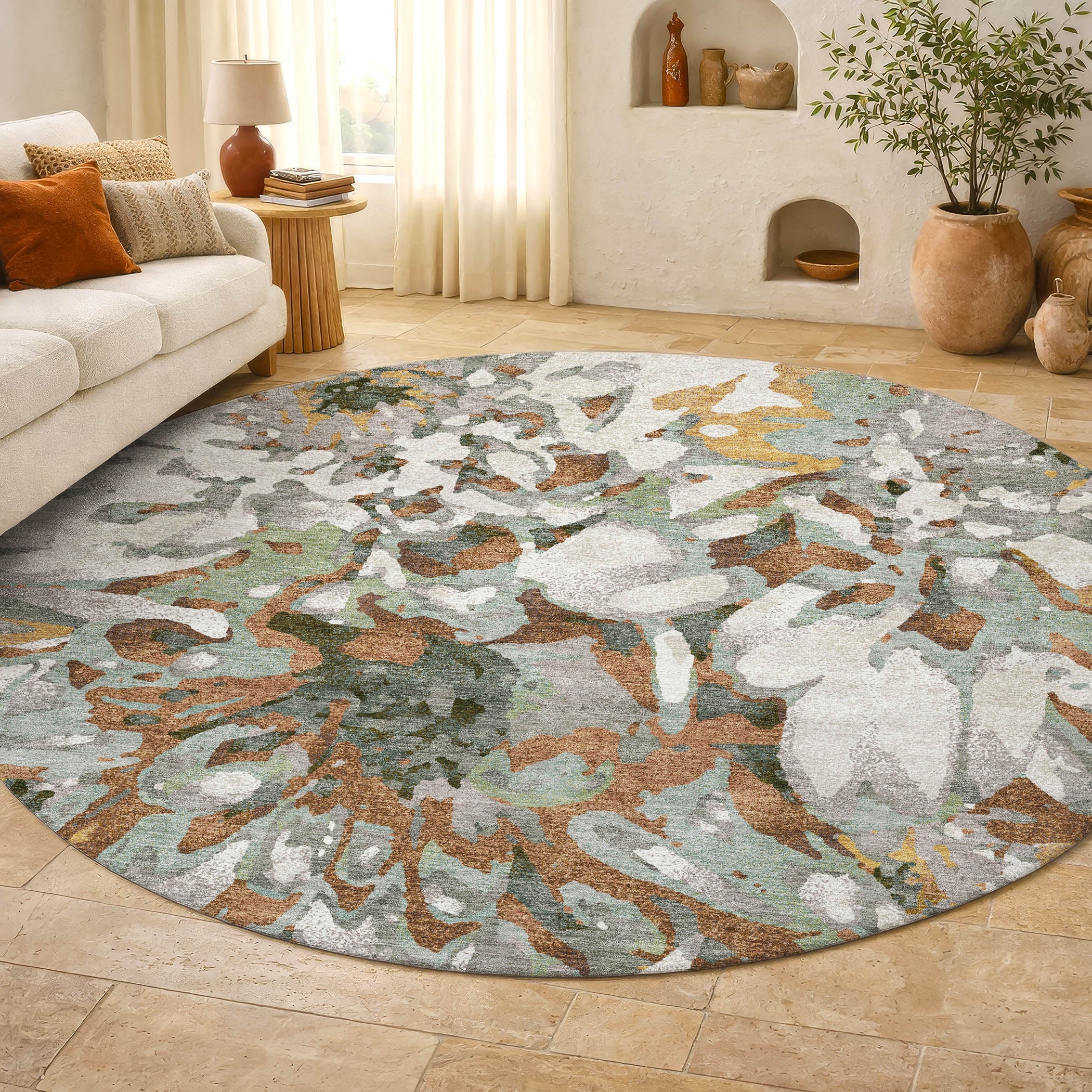Lima Machine Washable Transitional Copper Orange Rug 8' x 8' #shape_Round