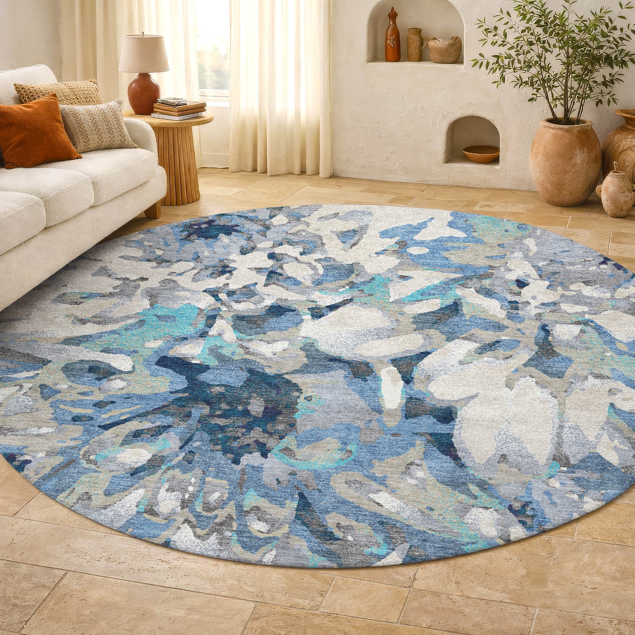 Lima Machine Washable Transitional Denim Blue Rug 8' x 8' #shape_Round
