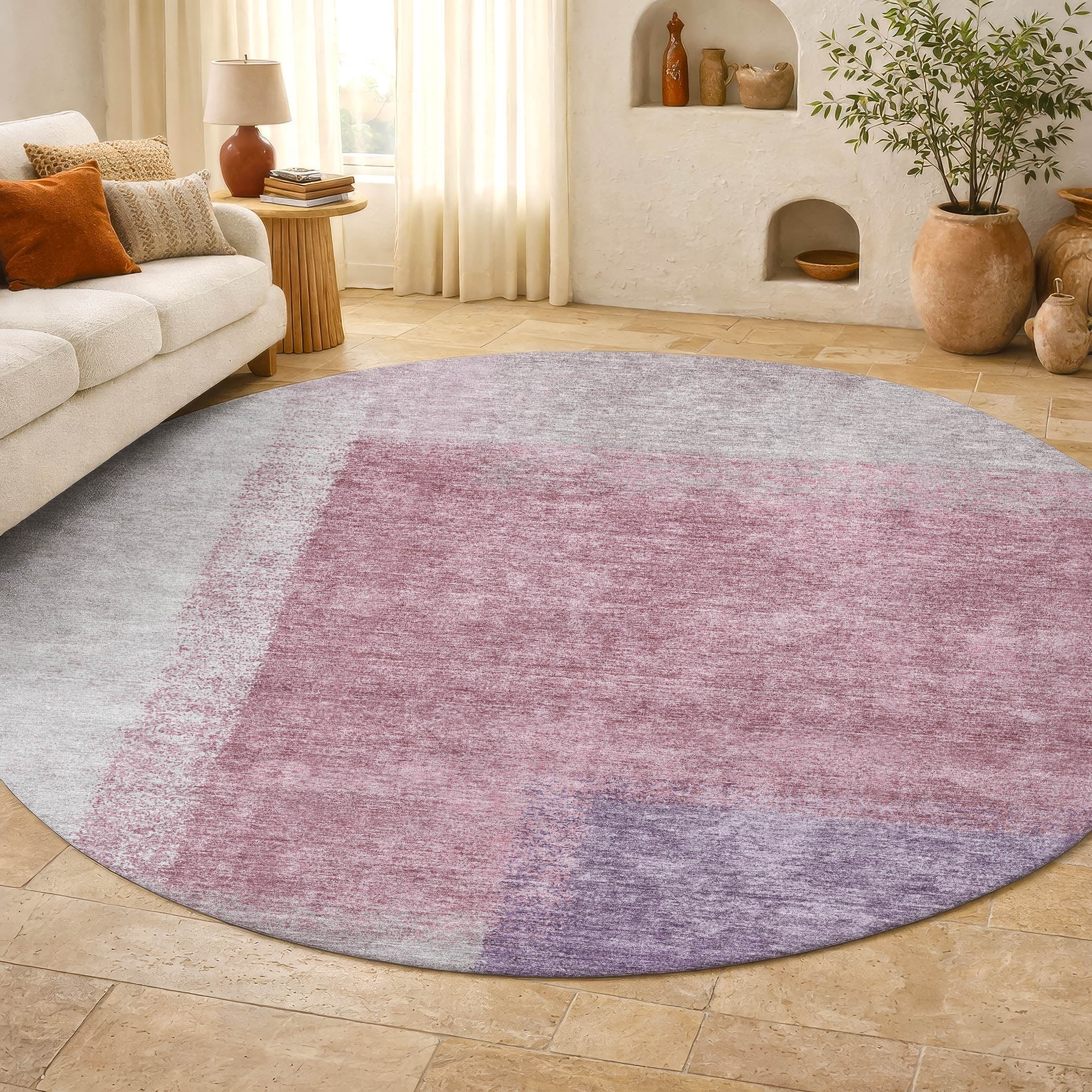 Prague Machine Washable Contemporary Blush Pink Rug 8' x 8' #shape_Round