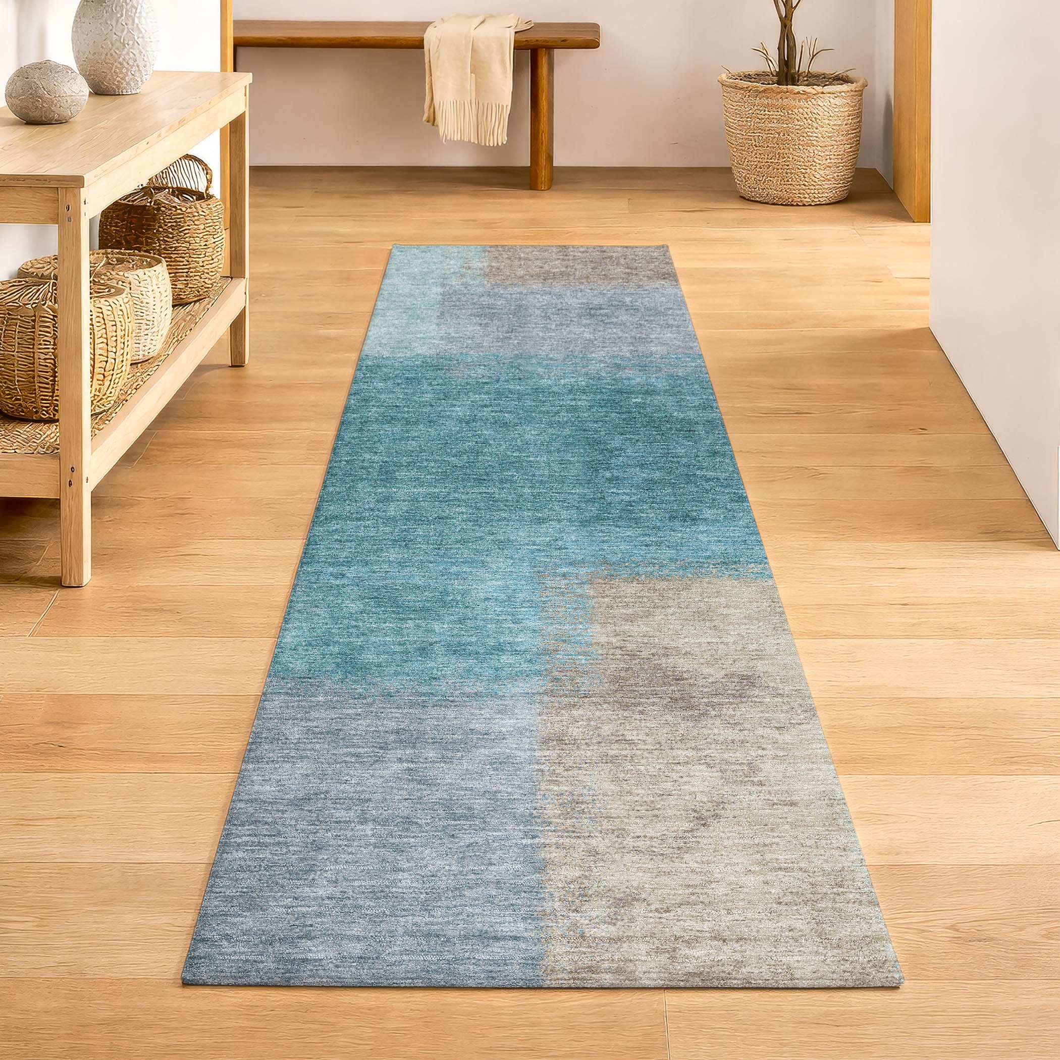 Prague Machine Washable Contemporary Teal Rug 2'3" x 7'6" #shape_Runner