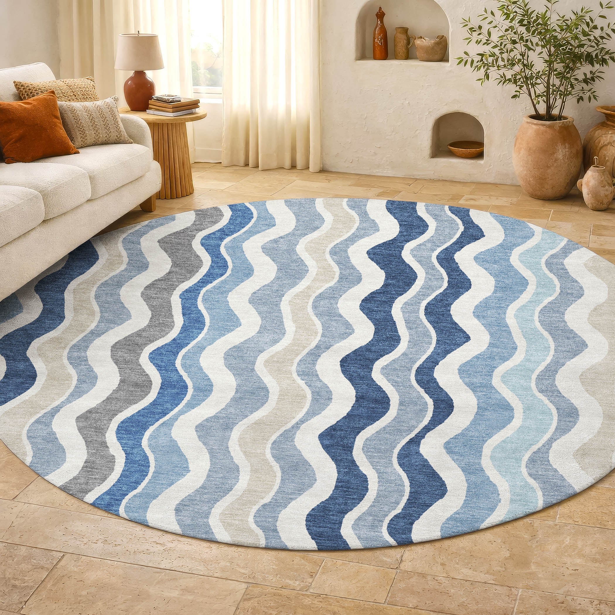 Florence Machine Washable Transitional Blue Rug 8' x 8' #shape_Round