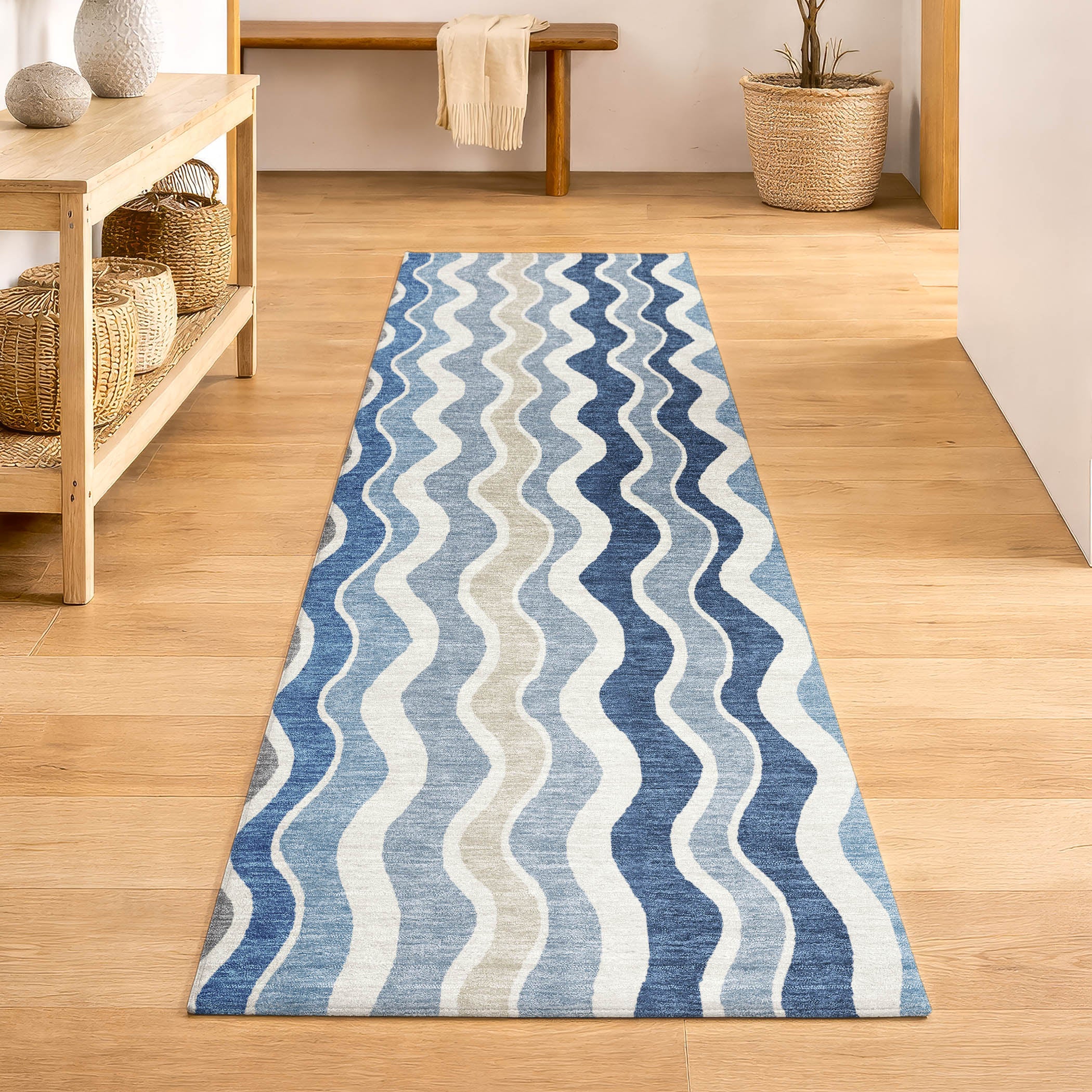 Florence Machine Washable Transitional Blue Rug 2'3" x 7'6" #shape_Runner