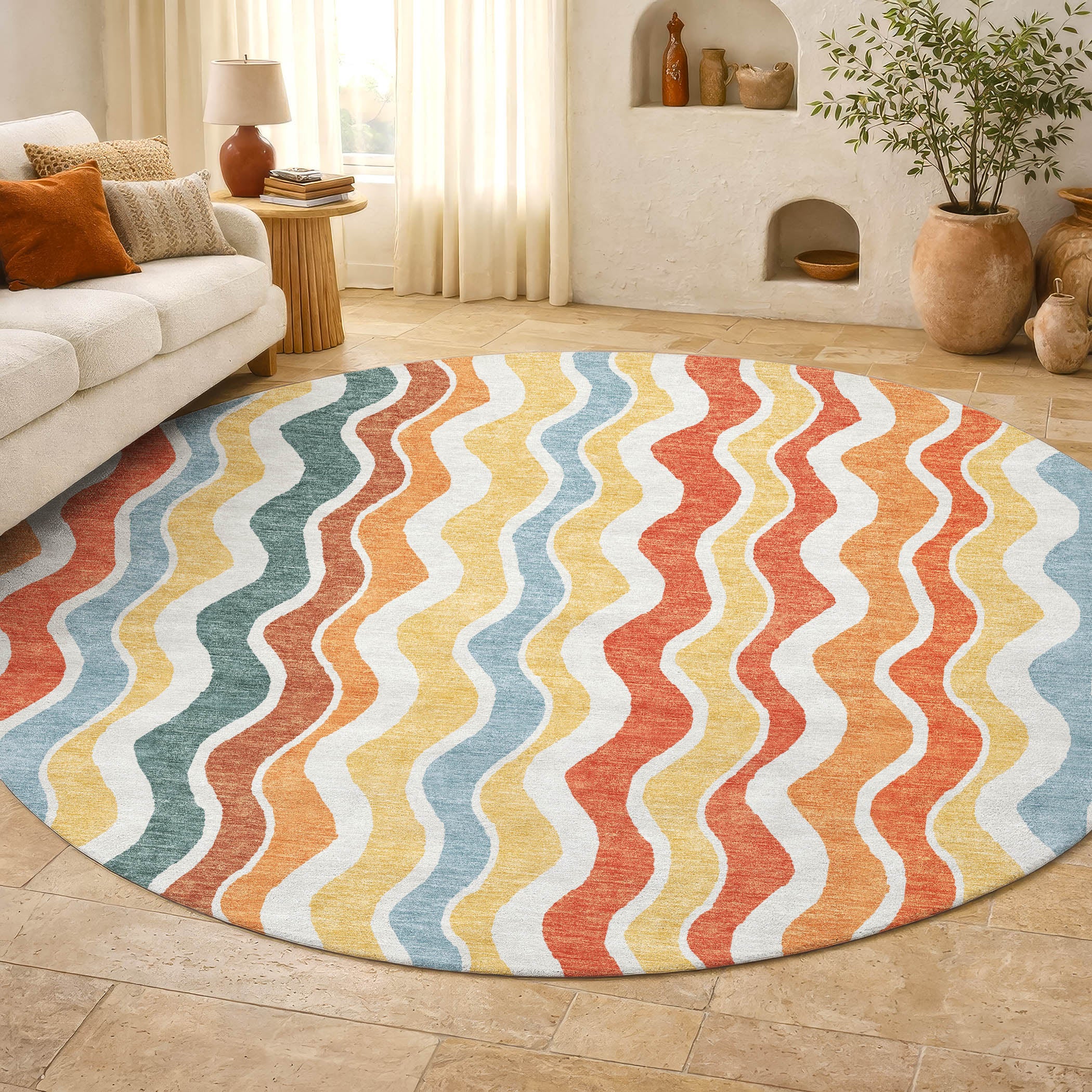 Florence Machine Washable Transitional Coral Orange Rug 8' x 8' #shape_Round