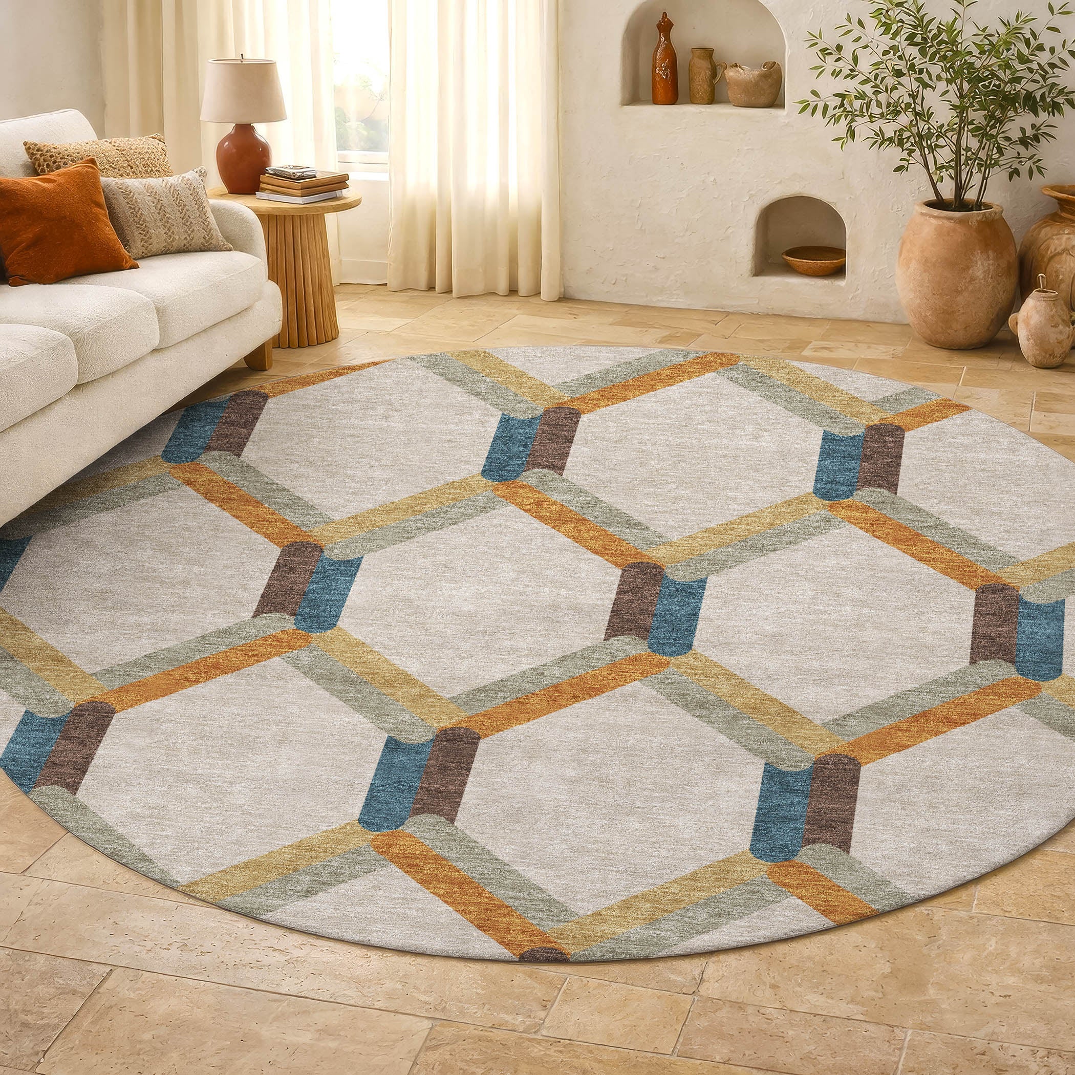 Ghent Machine Washable Transitional Beige Brown Rug 8' x 8' #shape_Round