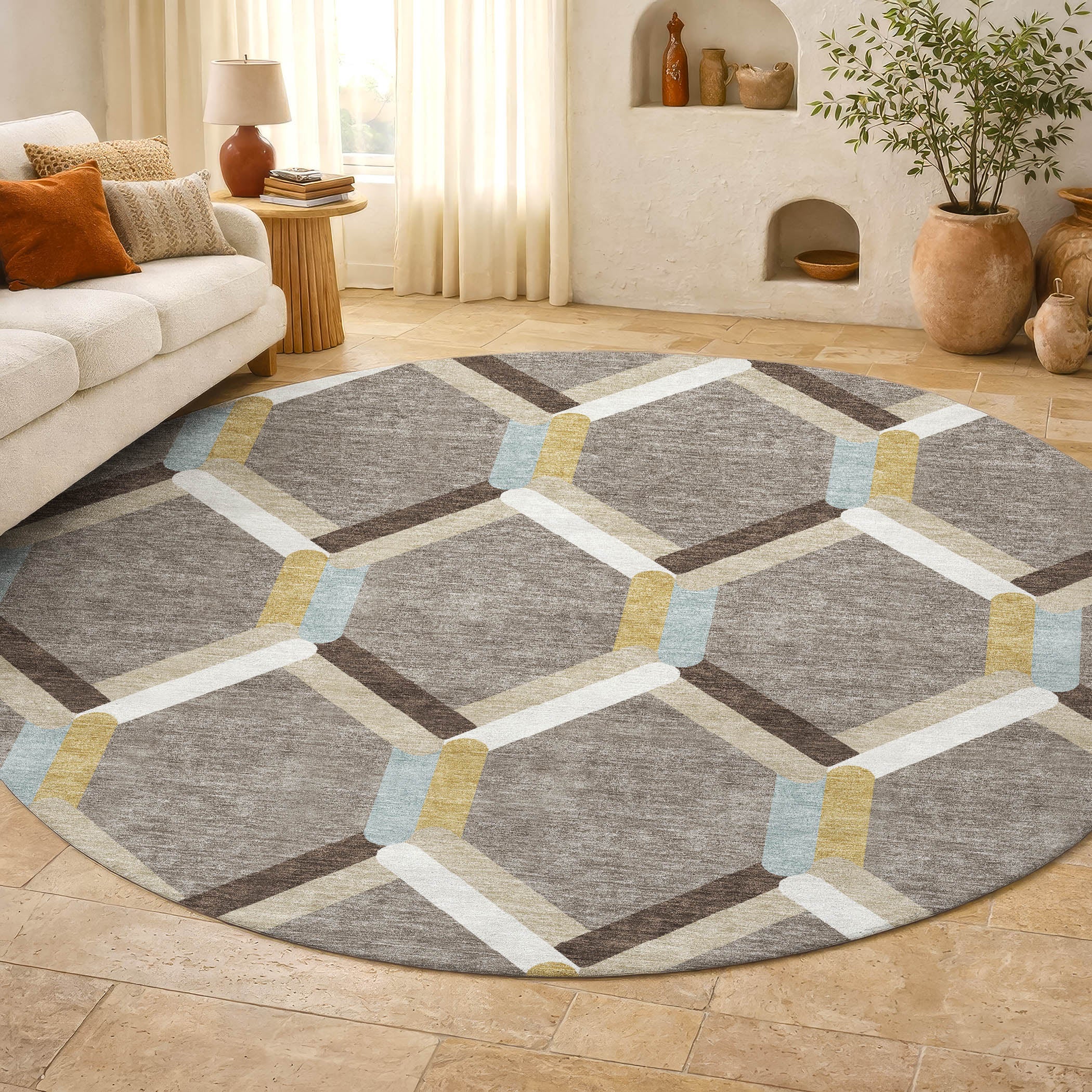Ghent Machine Washable Transitional Brown Rug 8' x 8' #shape_Round
