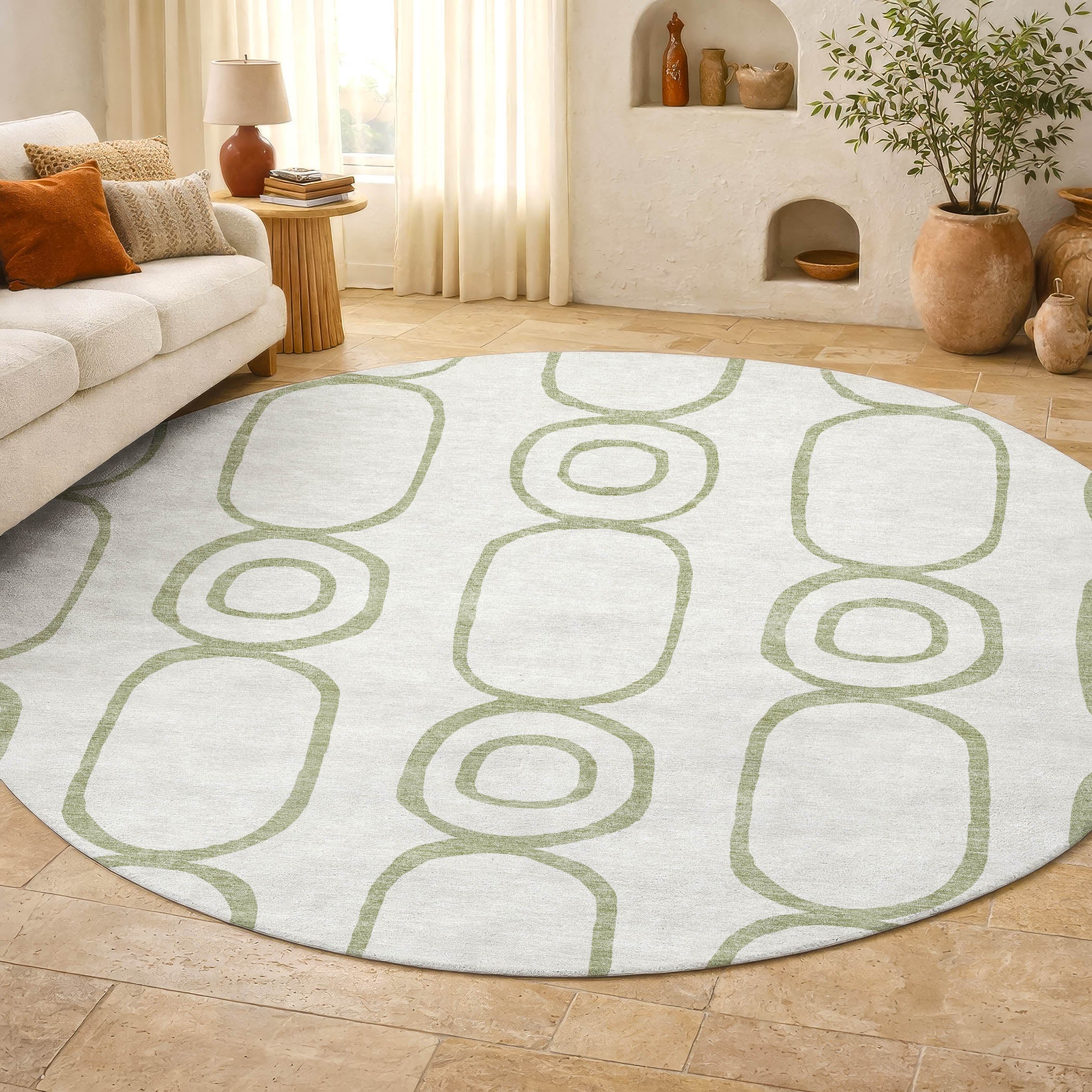 Mdina Machine Washable Transitional Aloe Green Rug 8' x 8' #shape_Round