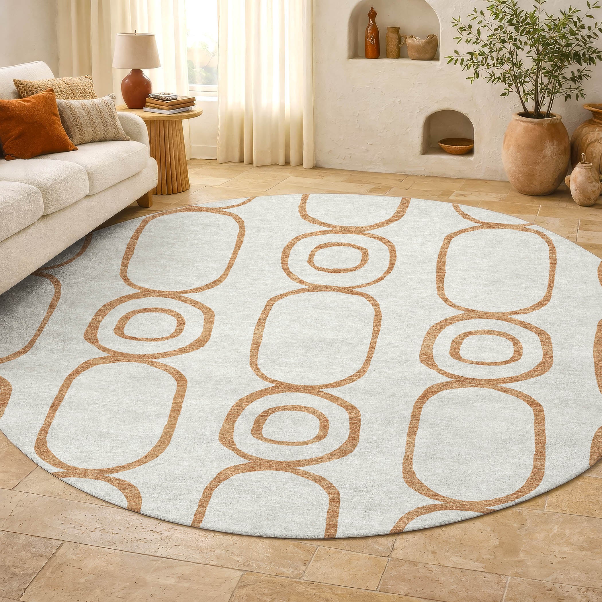 Mdina Machine Washable Transitional Copper Orange Rug 8' x 8' #shape_Round