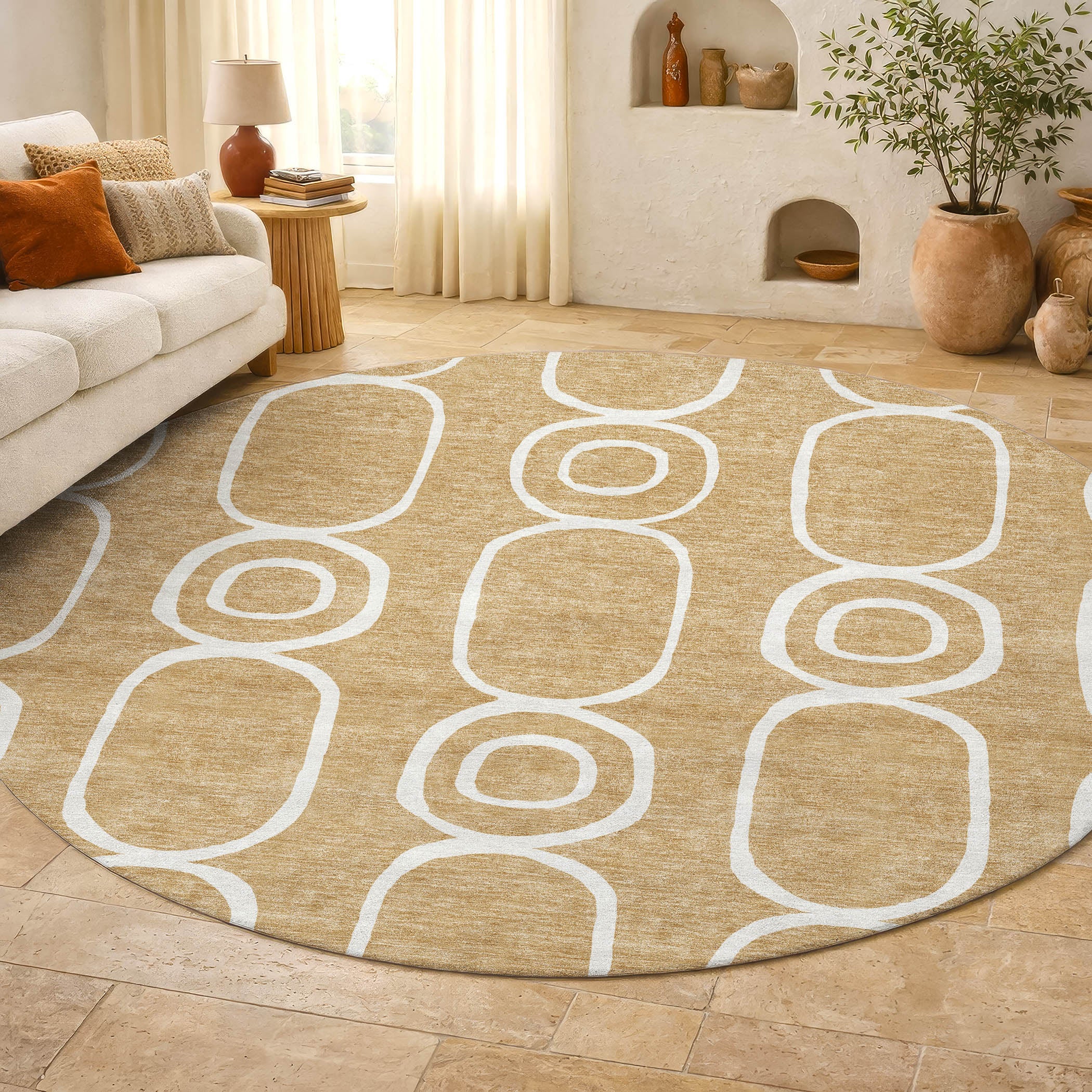 Mdina Machine Washable Transitional Gold Rug 8' x 8' #shape_Round