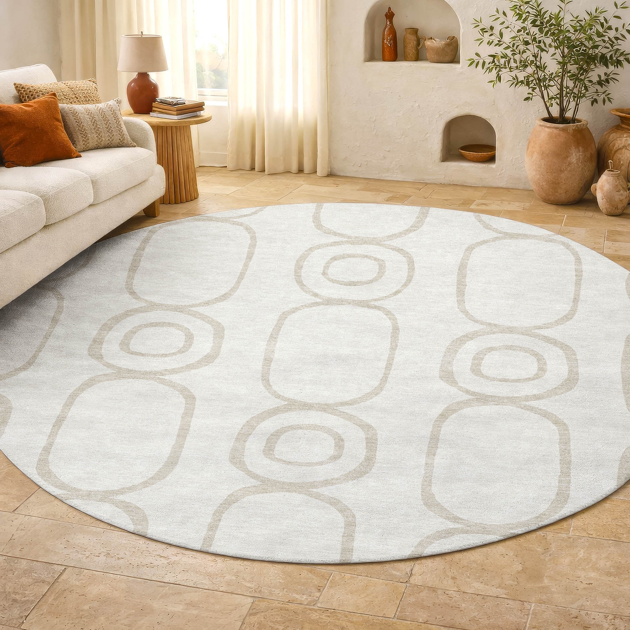 Mdina Machine Washable Transitional Ivory Rug 8' x 8' #shape_Round