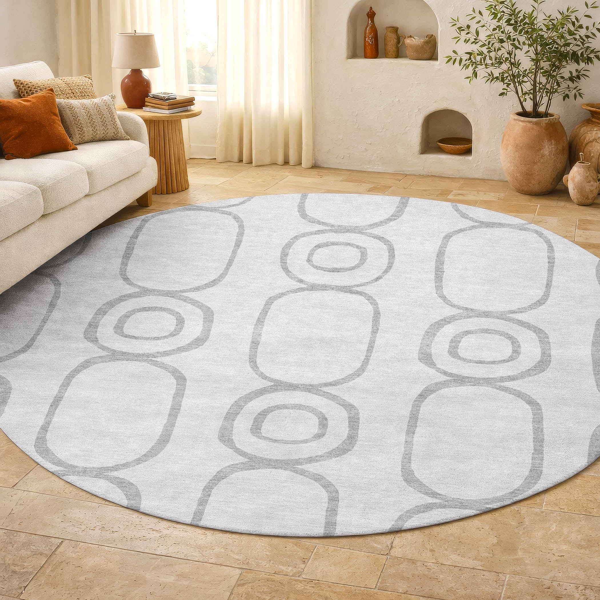 Mdina Machine Washable Transitional Silver Gray Rug 8' x 8' #shape_Round
