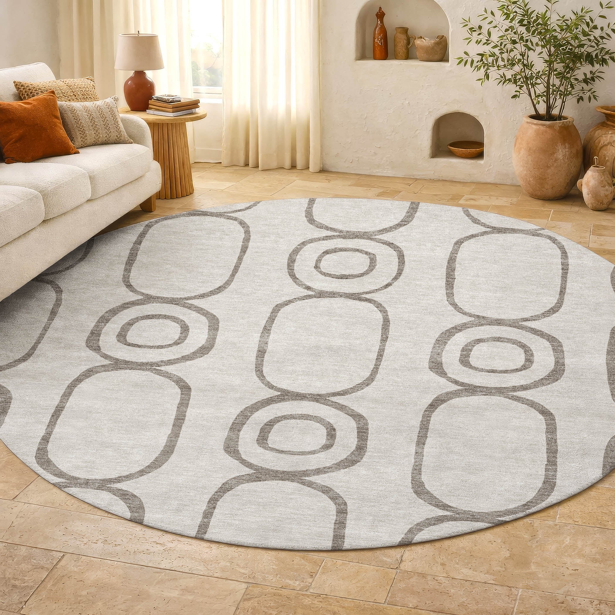 Mdina Machine Washable Transitional Taupe Brown Rug 8' x 8' #shape_Round