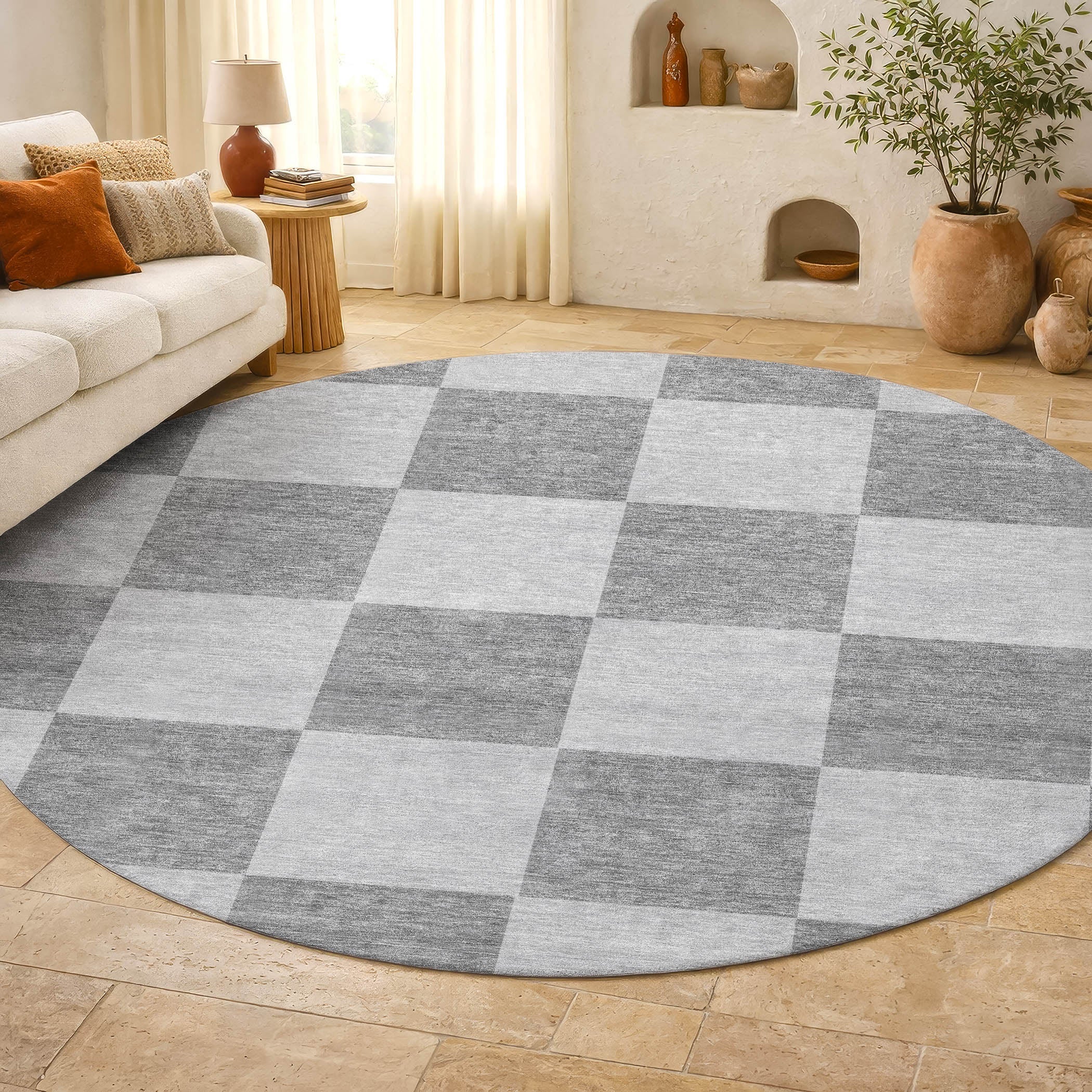 Budapest Machine Washable Transitional Gray Rug 8' x 8' #shape_Round