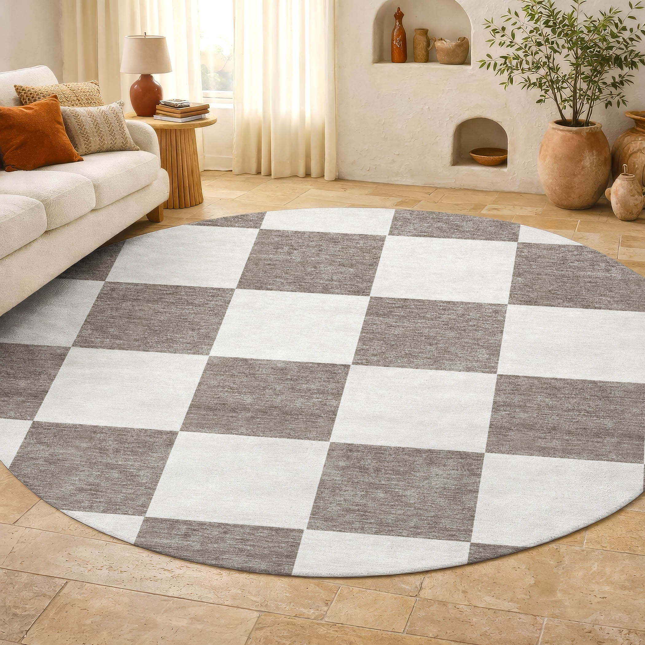 Budapest Machine Washable Transitional Taupe Brown Rug 8' x 8' #shape_Round