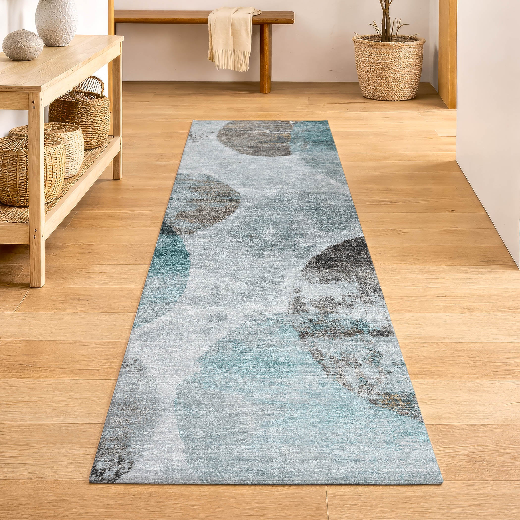 Budapest Machine Washable Contemporary Teal Rug 2'3" x 7'6" #shape_Runner