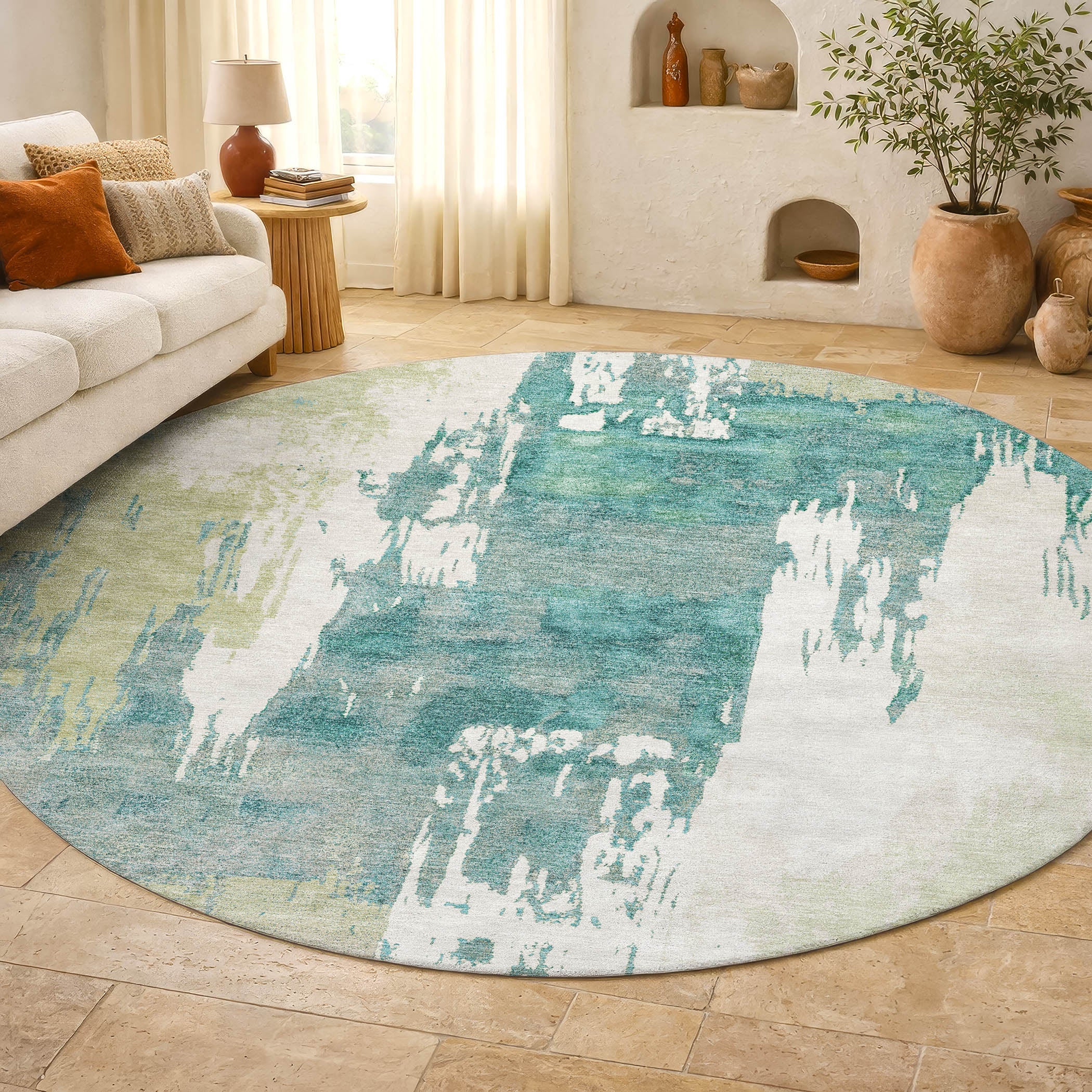 Mdina Machine Washable Contemporary Aloe Green Rug 8' x 8' #shape_Round