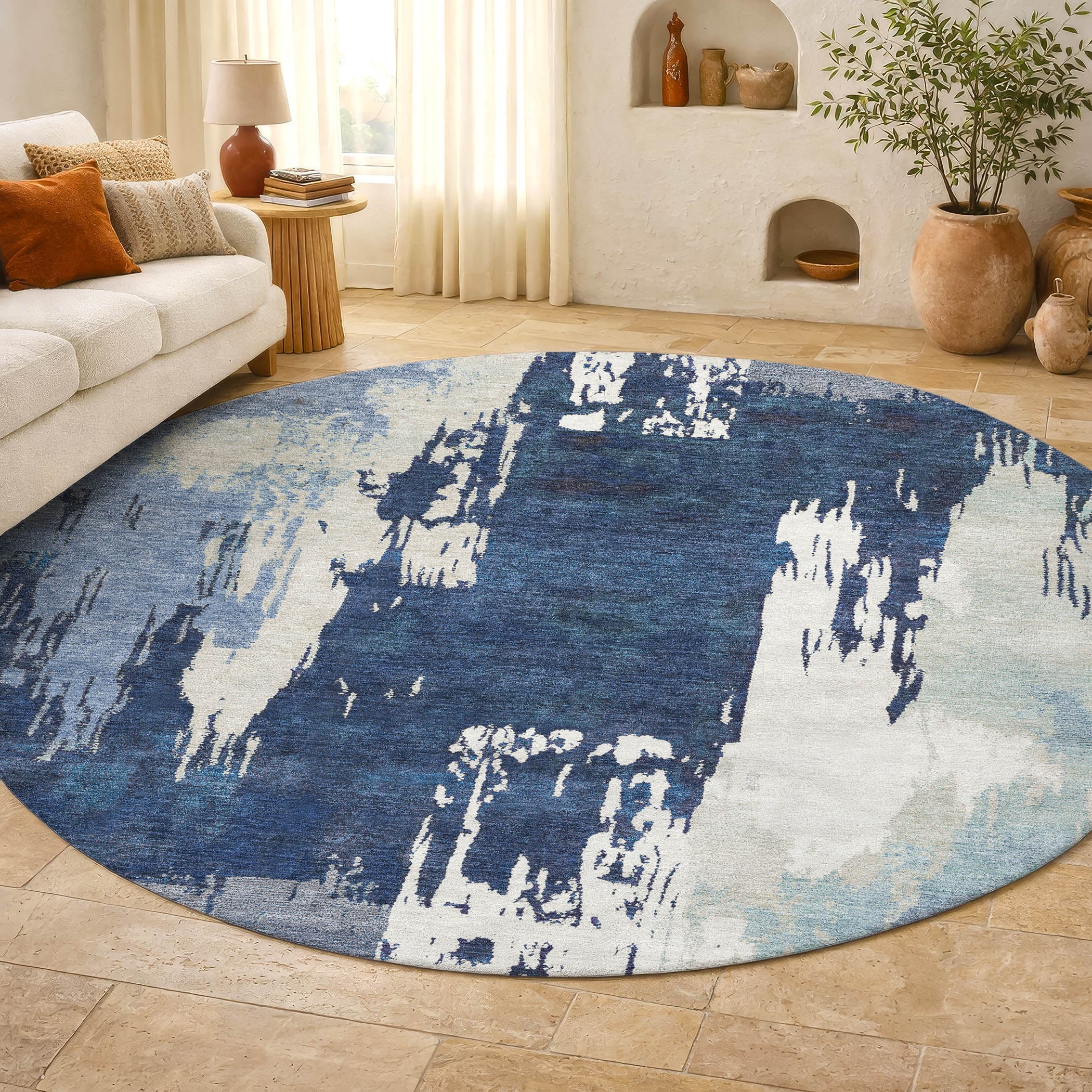 Mdina Machine Washable Contemporary Blue Rug 8' x 8' #shape_Round