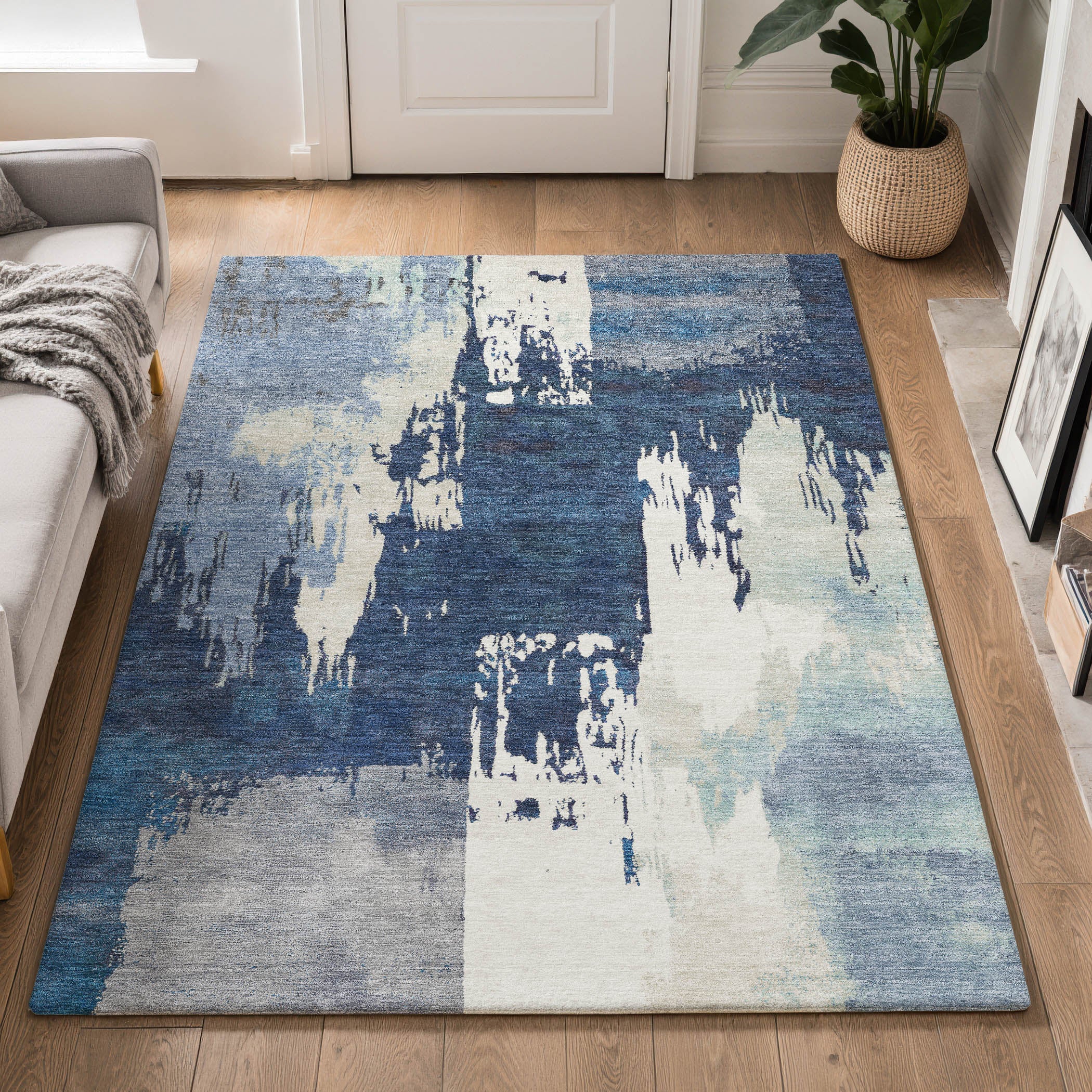Mdina Machine Washable Contemporary Blue Rug 3' x 5' #shape_Rectangle
