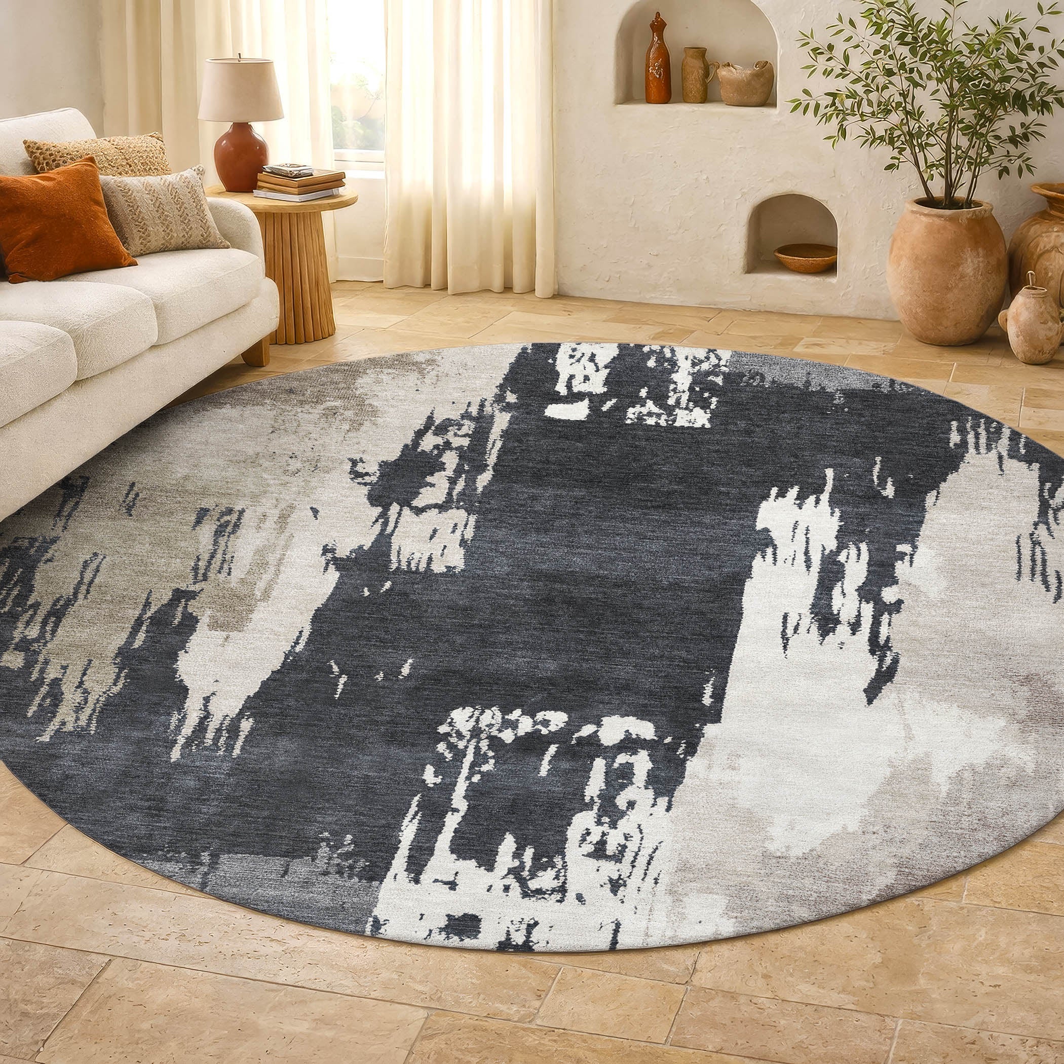Mdina Machine Washable Contemporary Charcoal Gray Rug 8' x 8' #shape_Round