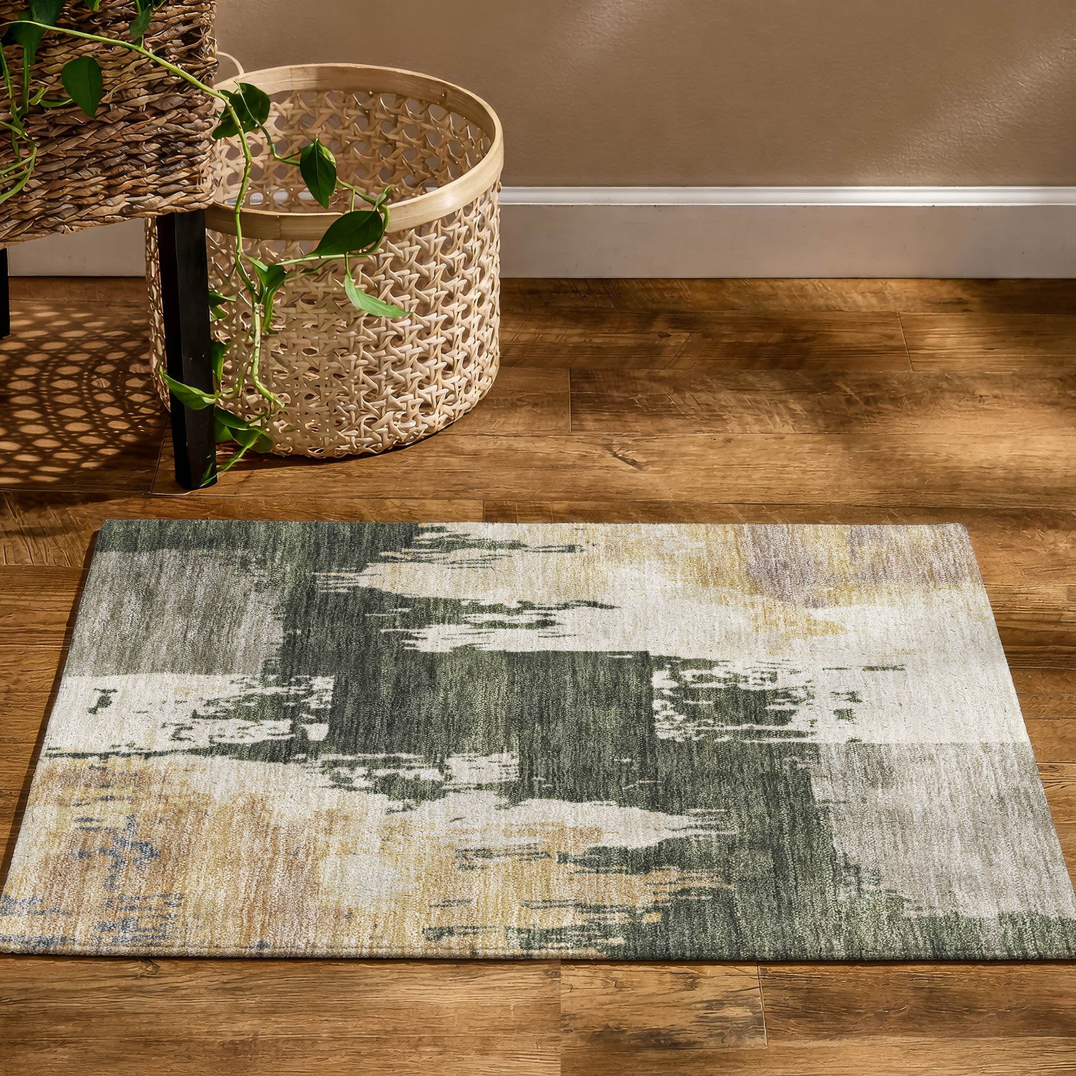 Mdina Machine Washable Contemporary Olive Green Rug 1'8" x 2'6" #shape_Rectangle