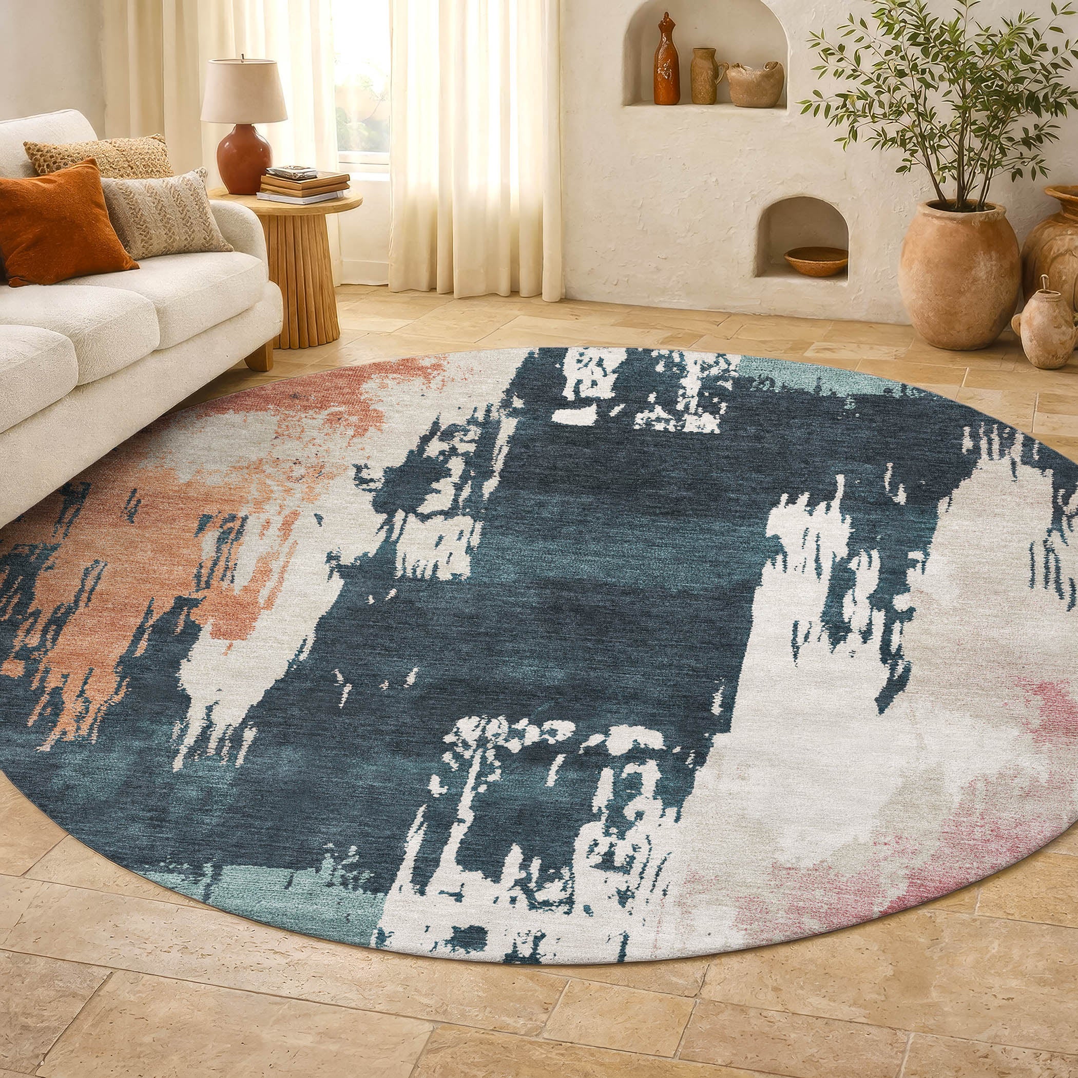 Mdina Machine Washable Contemporary Teal Rug 8' x 8' #shape_Round
