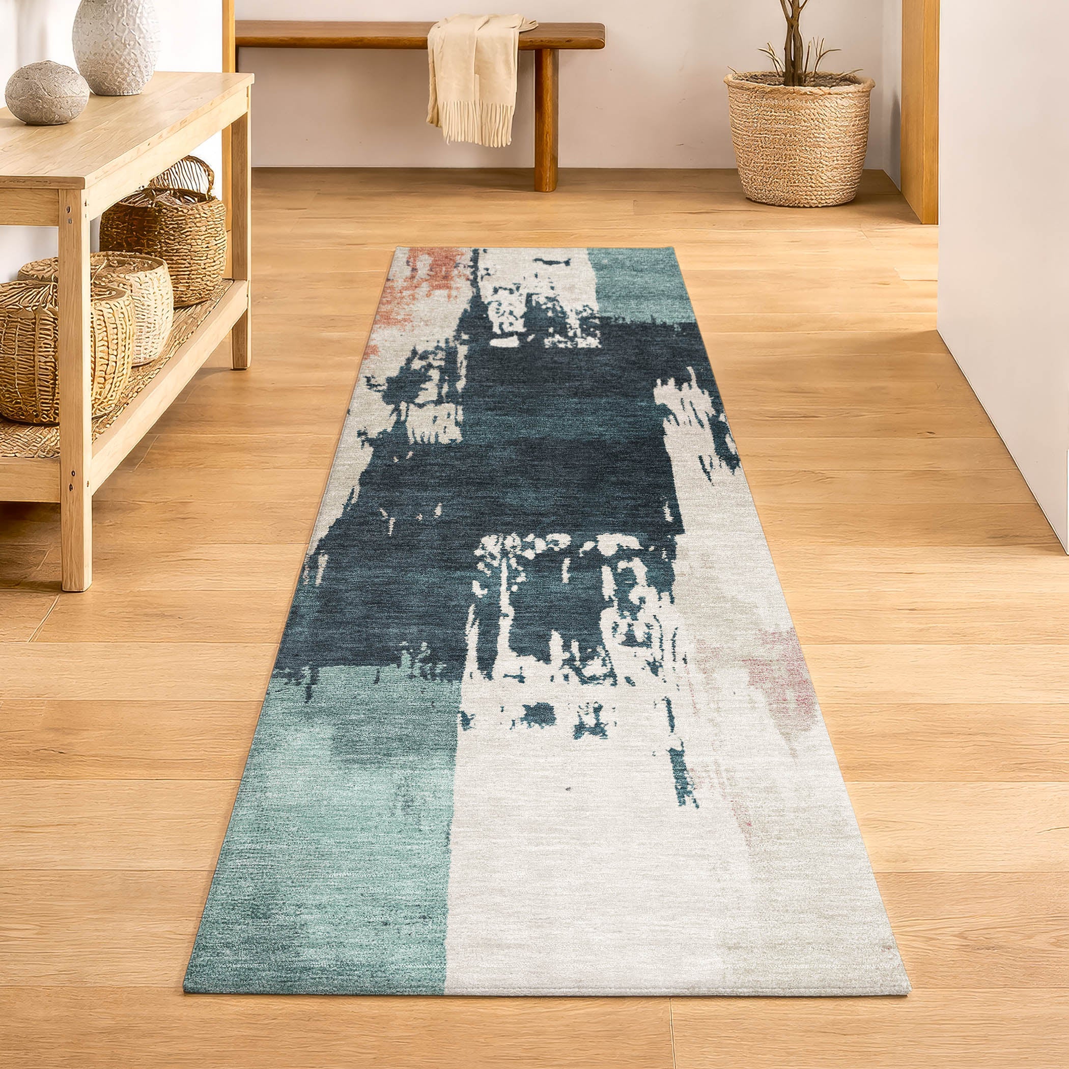 Mdina Machine Washable Contemporary Teal Rug 2'3" x 7'6" #shape_Runner