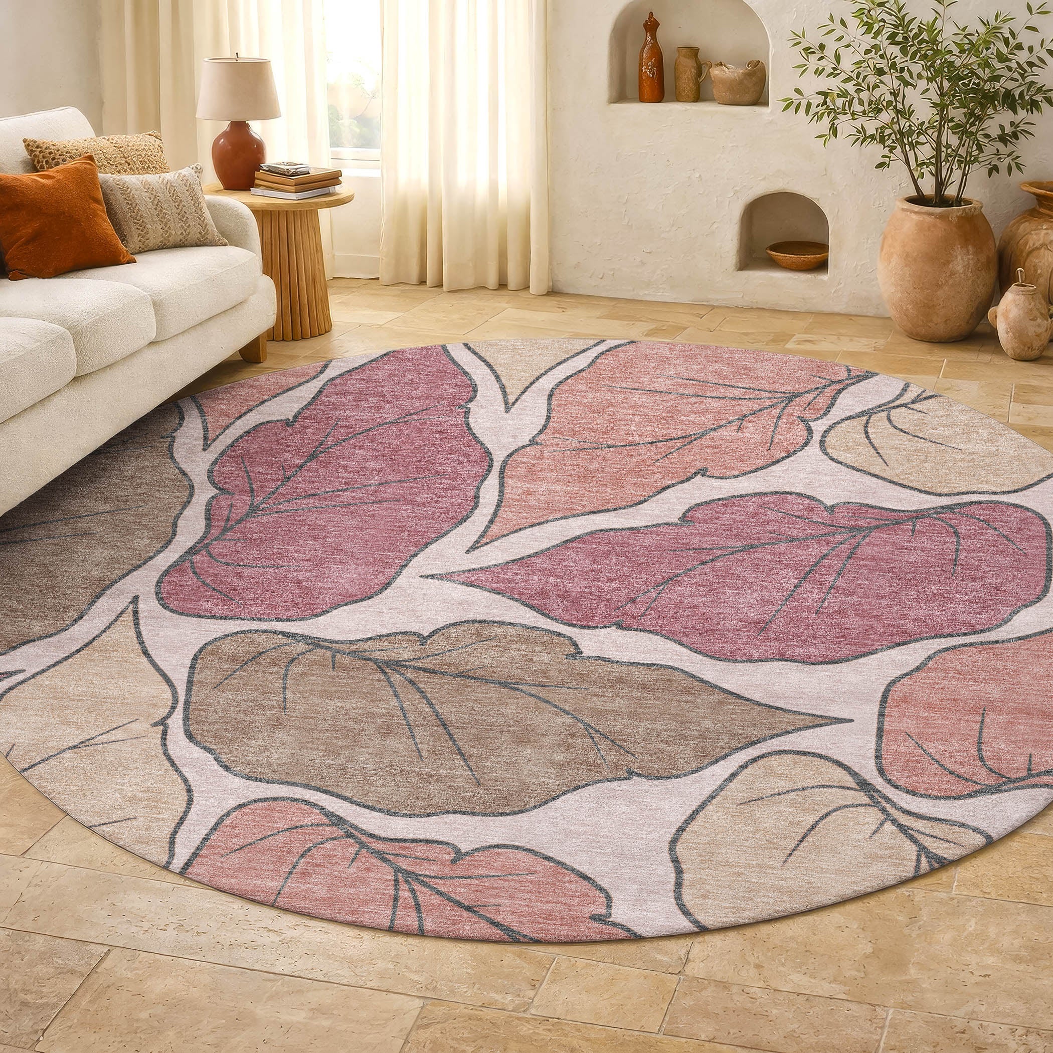 Porto Machine Washable Transitional Blush Pink Rug 8' x 8' #shape_Round