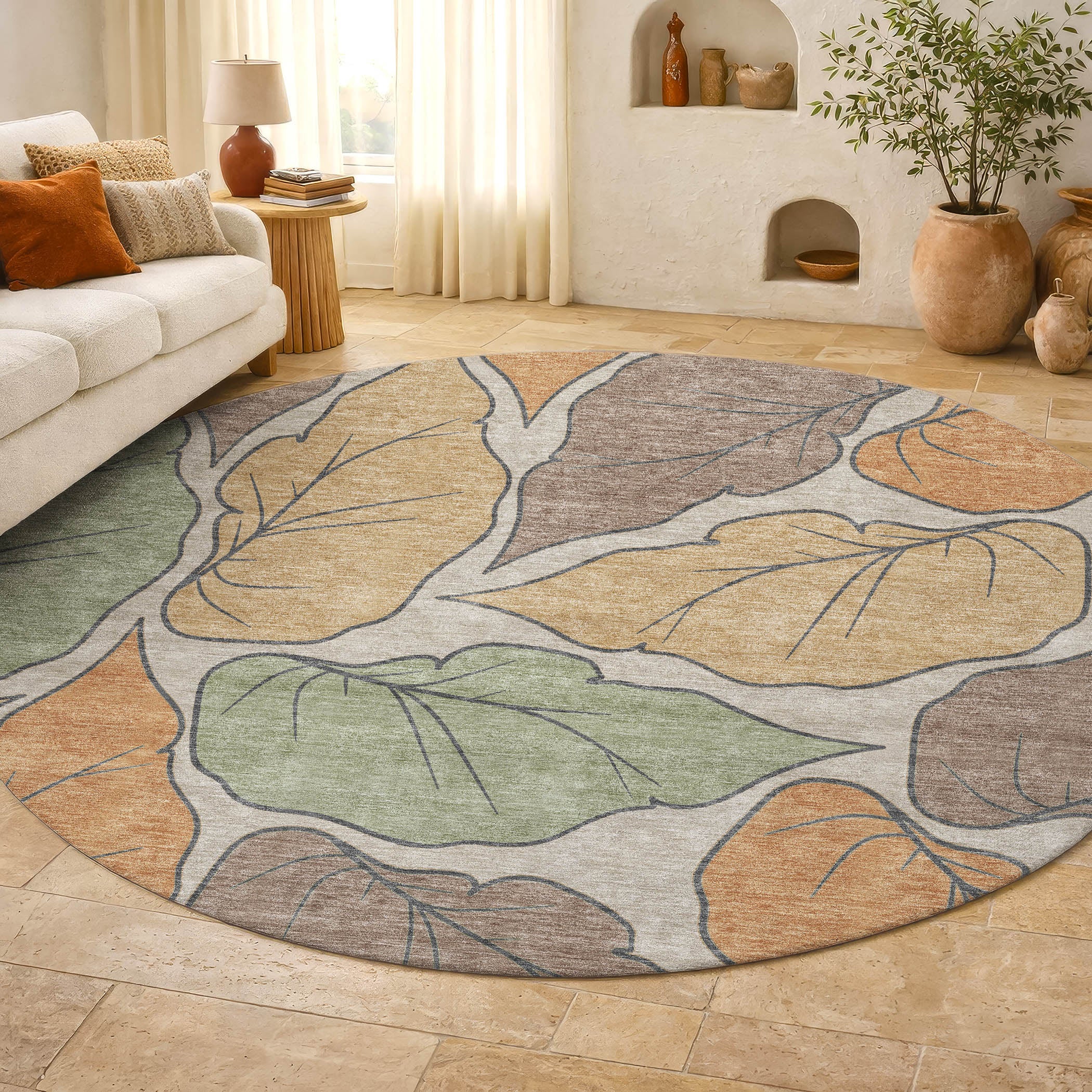 Porto Machine Washable Transitional Copper Orange Rug 8' x 8' #shape_Round