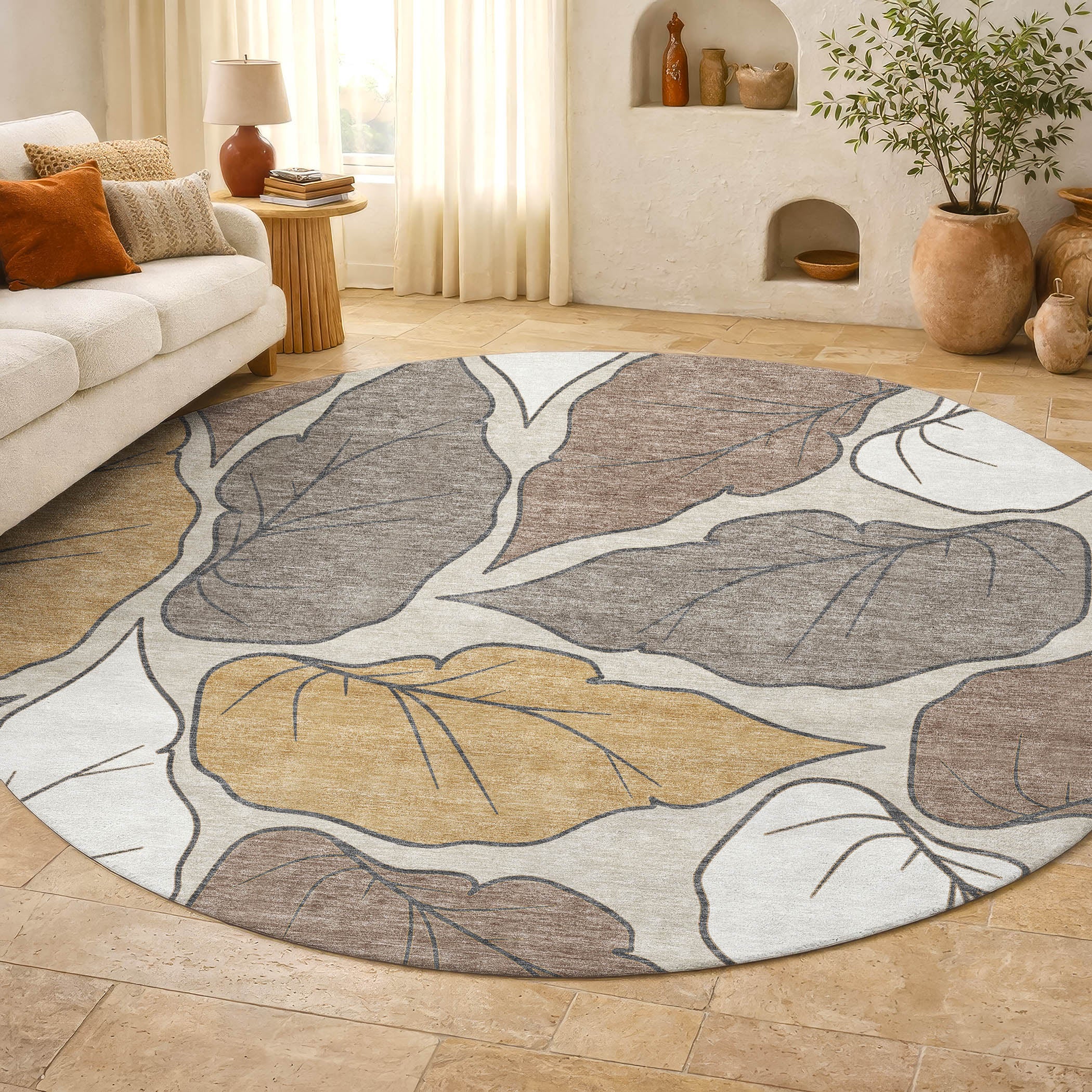 Porto Machine Washable Transitional Linen Ivory Rug 8' x 8' #shape_Round