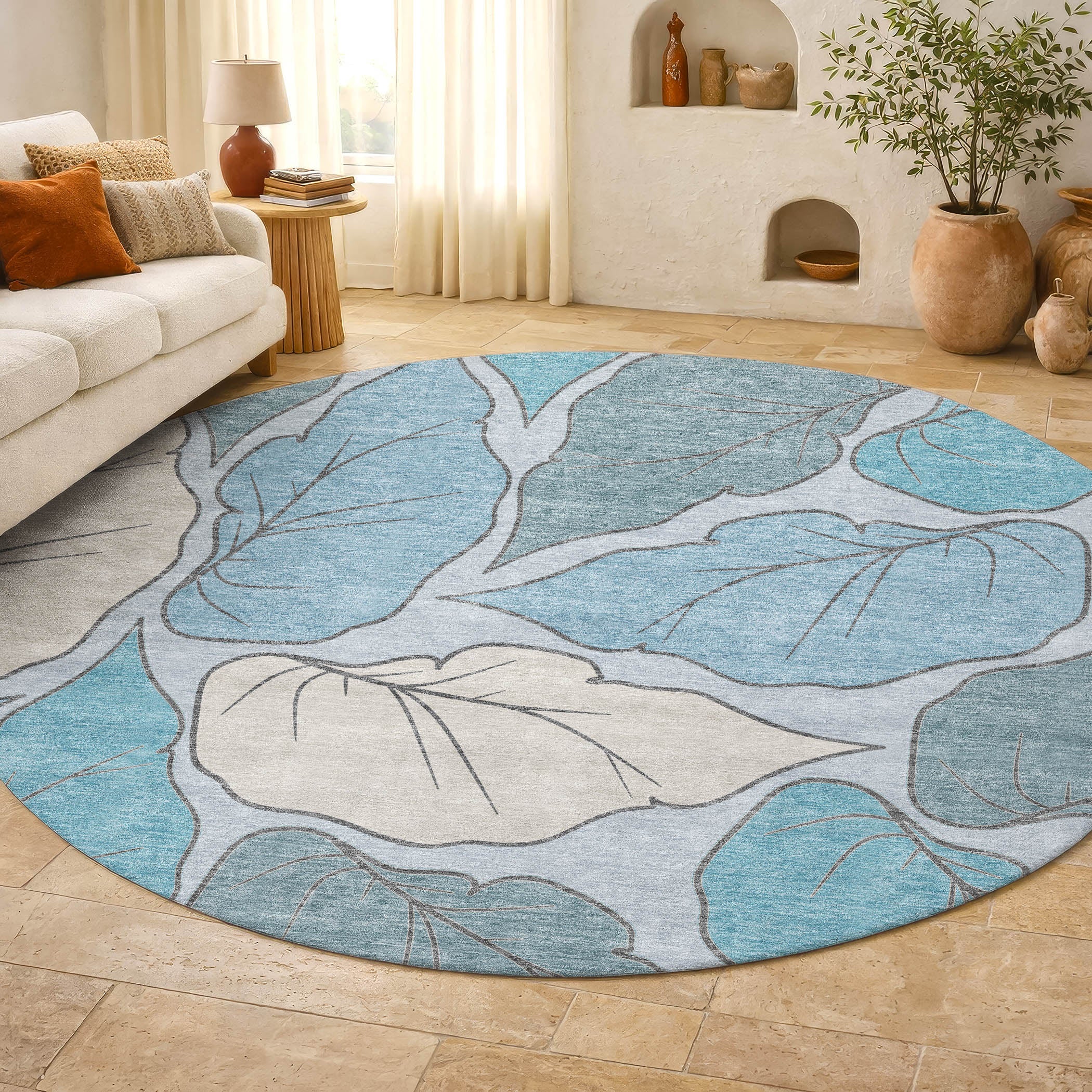 Porto Machine Washable Transitional Teal Rug 8' x 8' #shape_Round