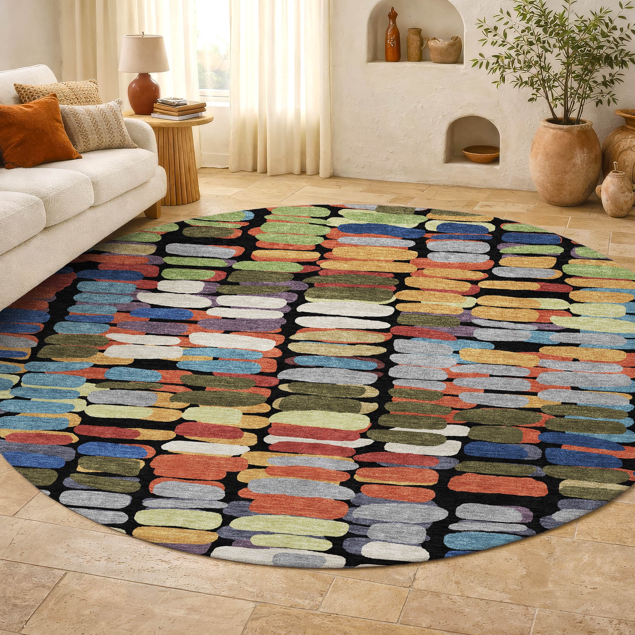 Siena Machine Washable Transitional Black Rug 8' x 8' #shape_Round