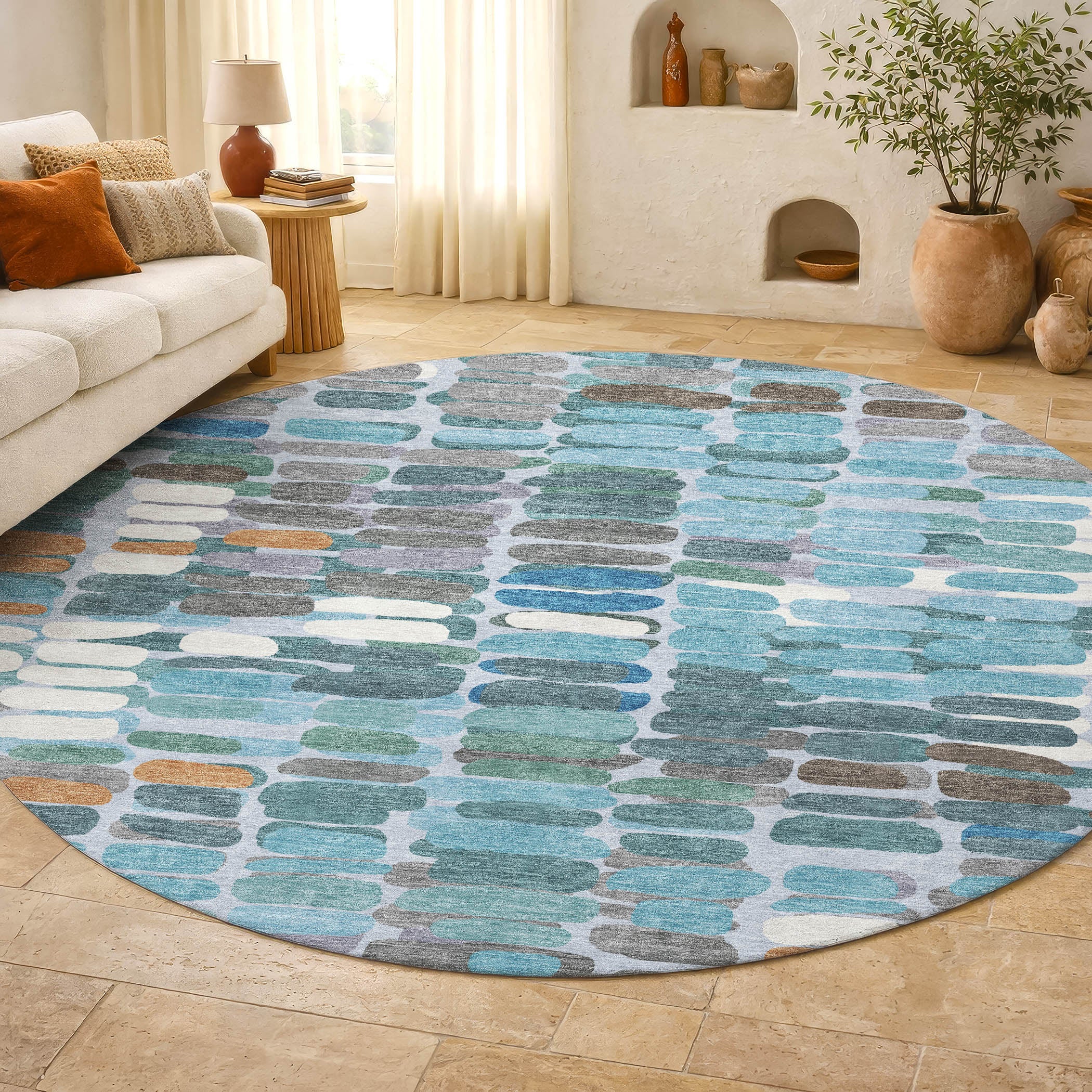 Siena Machine Washable Transitional Teal Rug 8' x 8' #shape_Round