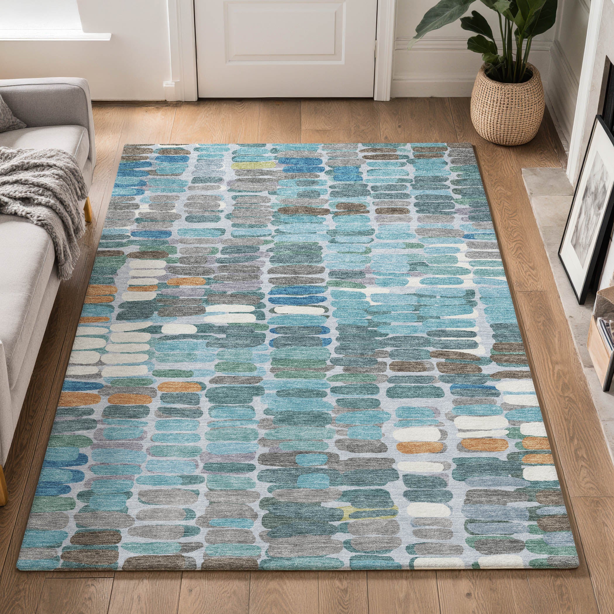 Siena Machine Washable Transitional Teal Rug 3' x 5' #shape_Rectangle