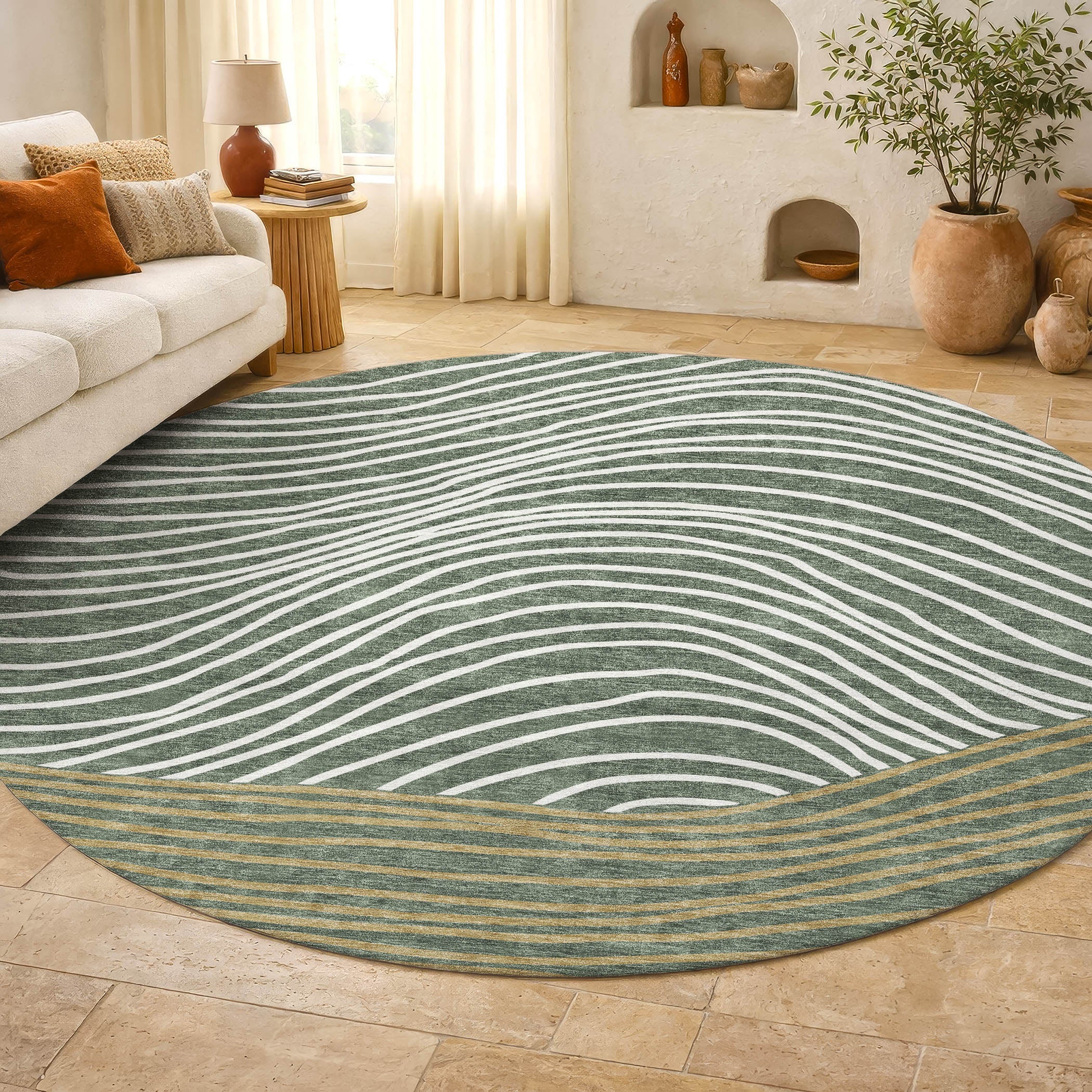 Bern Machine Washable Transitional Basil Green Rug 8' x 8' #shape_Round