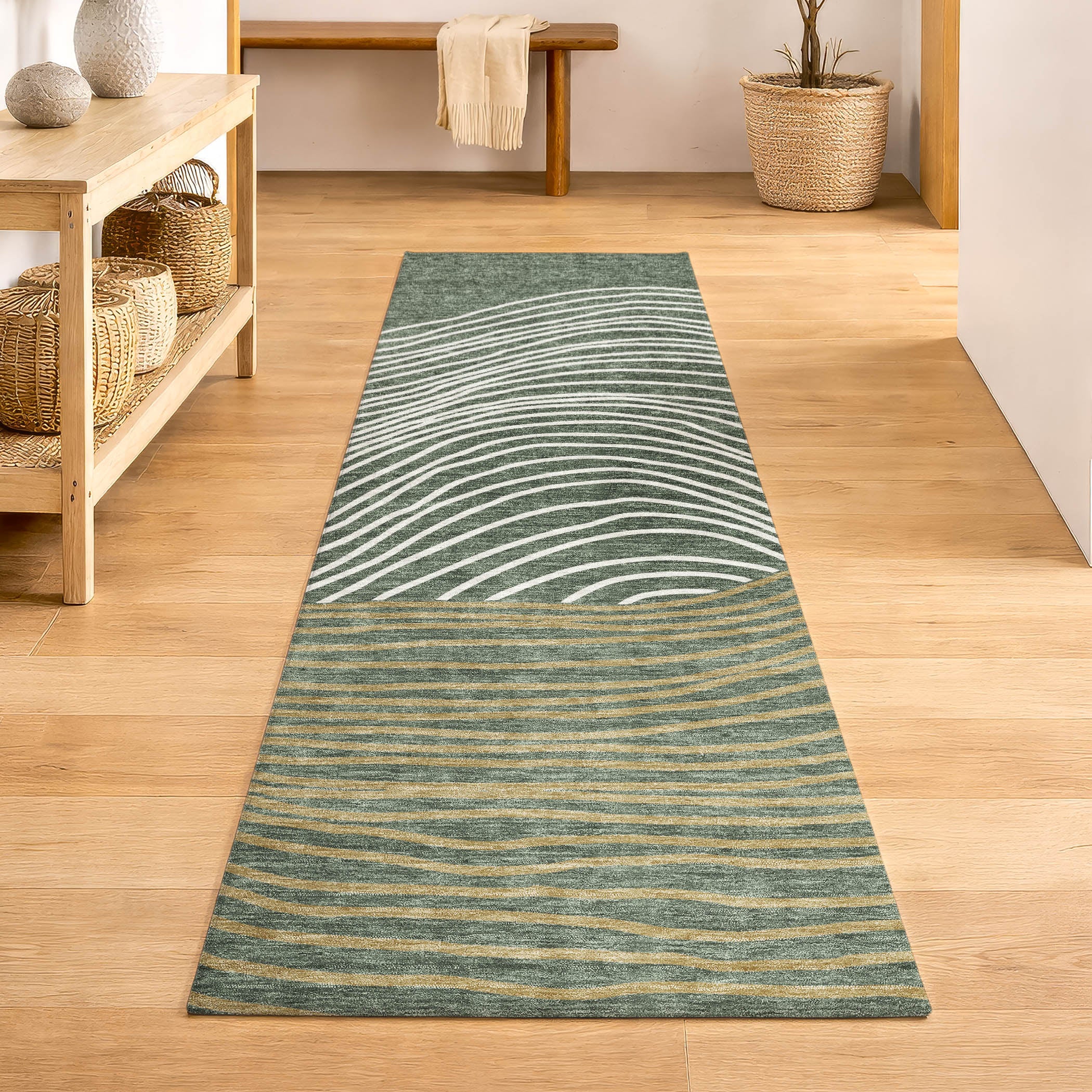 Bern Machine Washable Transitional Basil Green Rug 2'3" x 7'6" #shape_Runner
