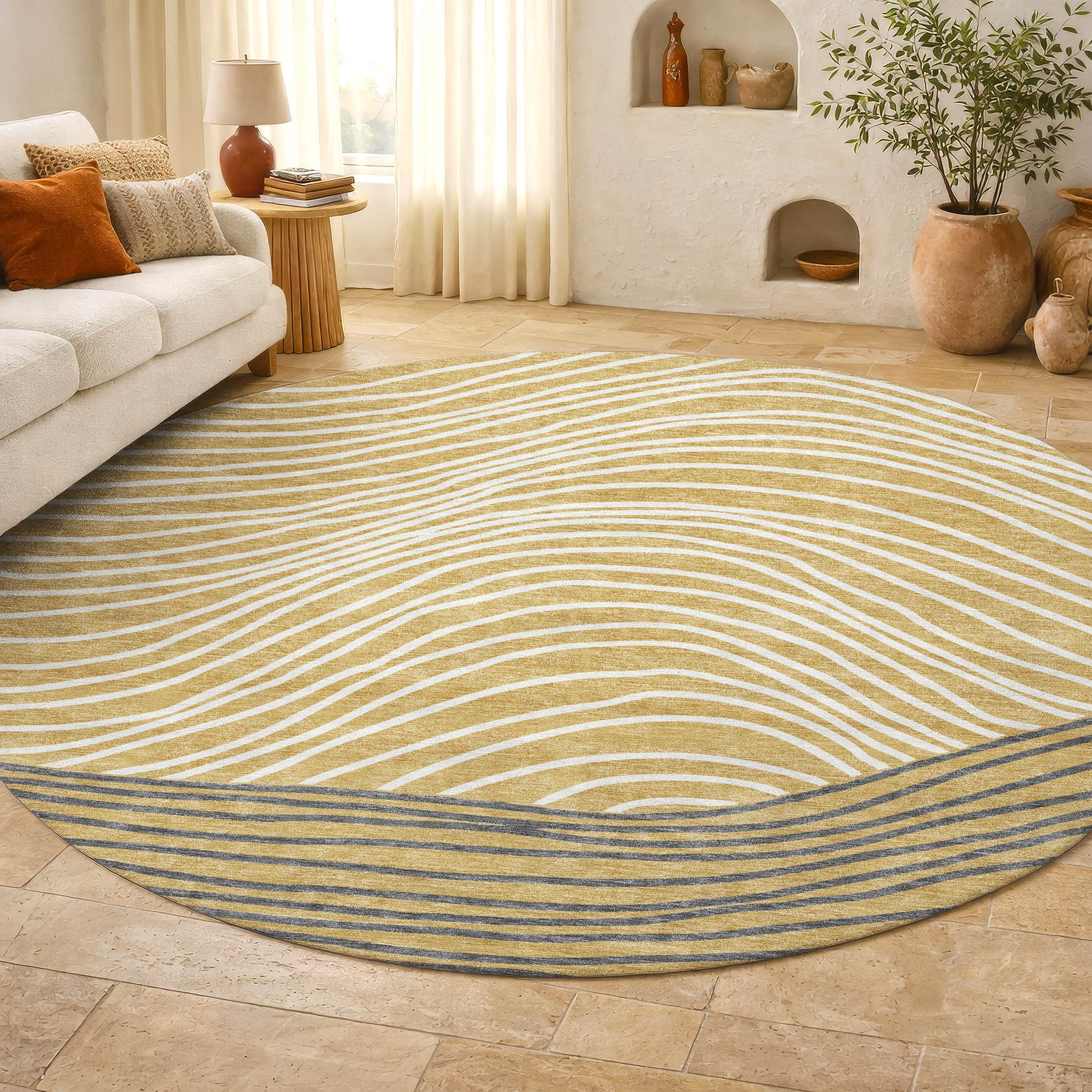 Bern Machine Washable Transitional Gold Rug 8' x 8' #shape_Round