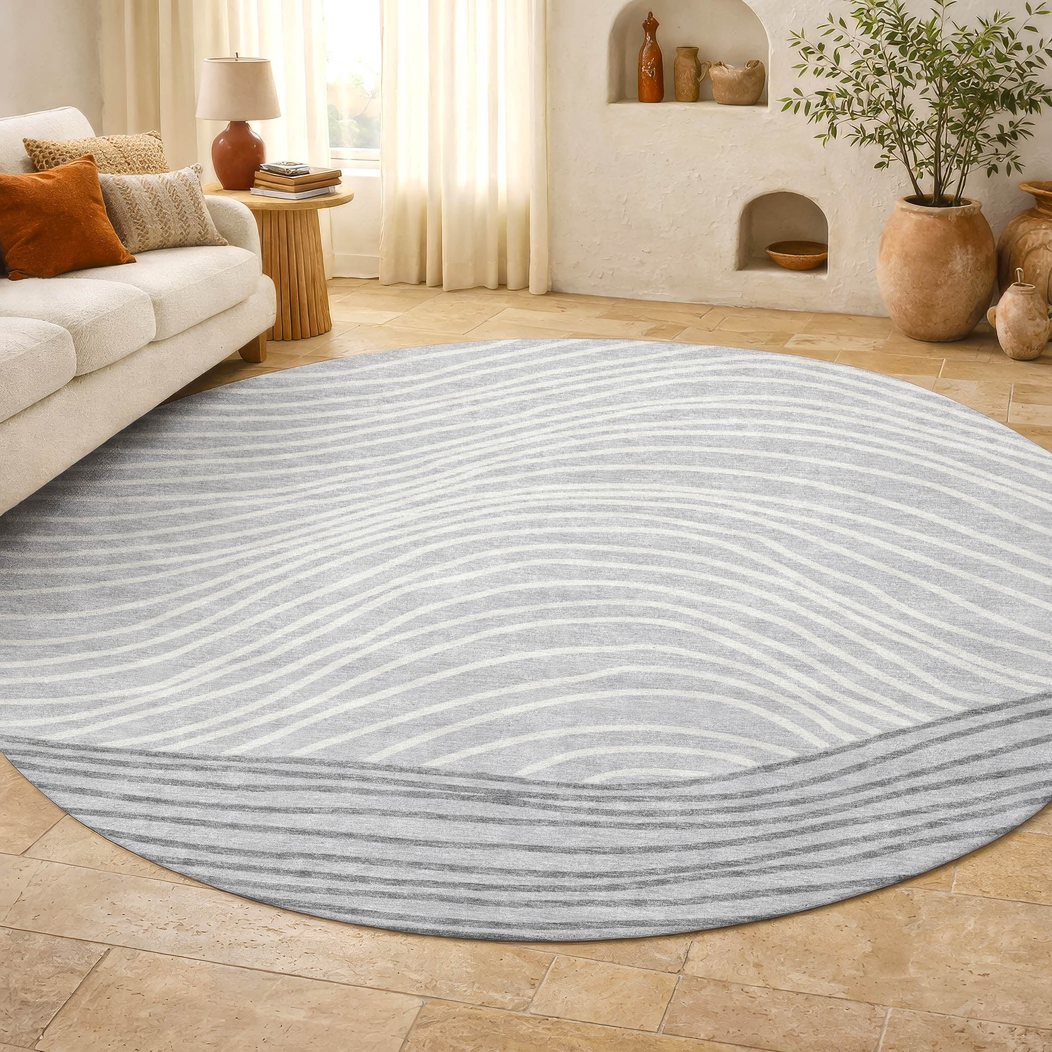 Bern Machine Washable Transitional Gray Rug 8' x 8' #shape_Round
