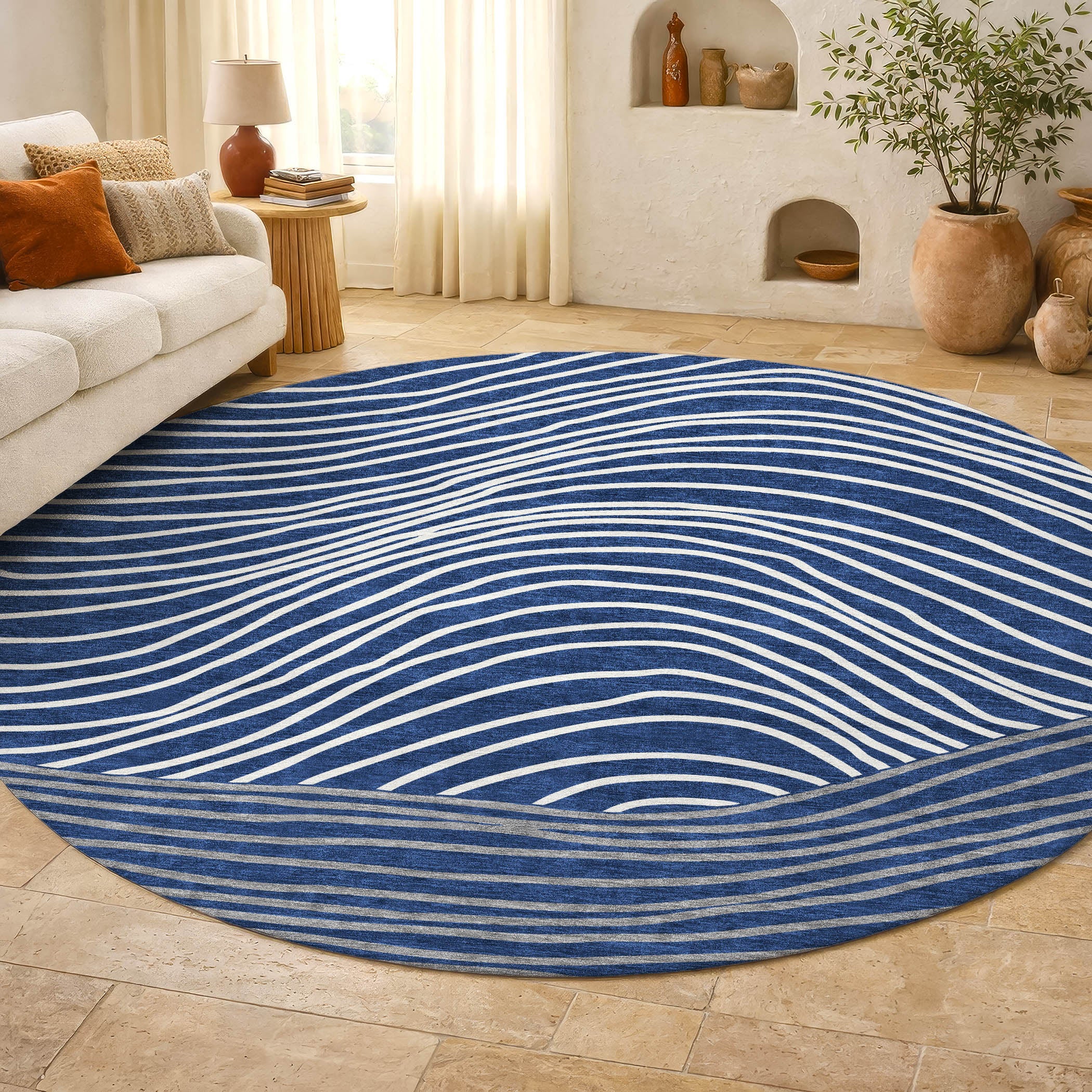 Bern Machine Washable Transitional Navy Blue Rug 8' x 8' #shape_Round