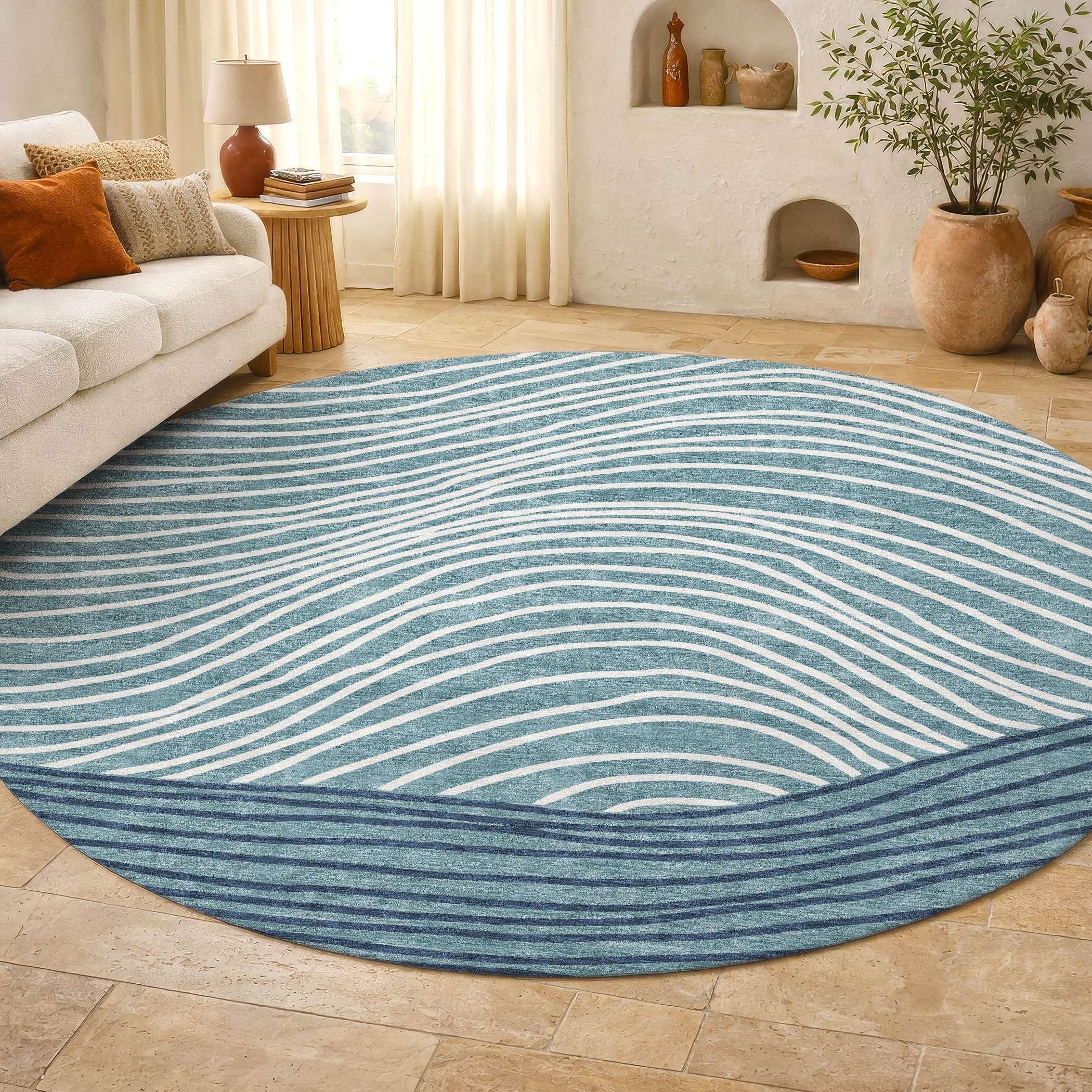 Bern Machine Washable Transitional Teal Rug 8' x 8' #shape_Round