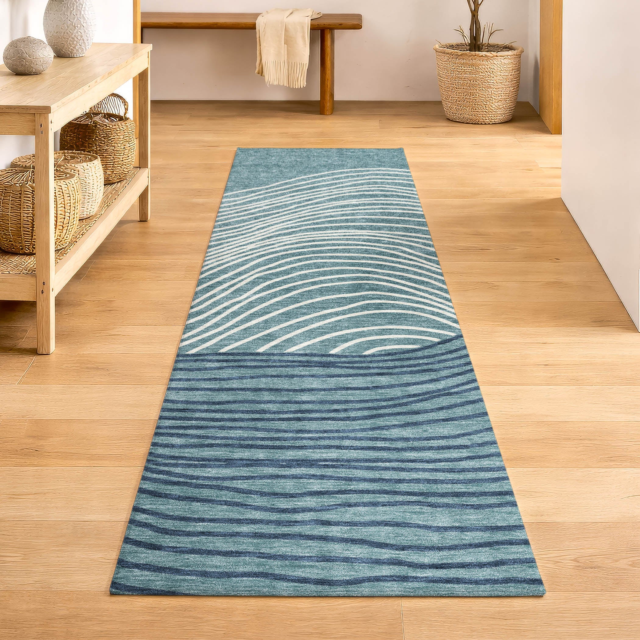 Bern Machine Washable Transitional Teal Rug 2'3" x 7'6" #shape_Runner