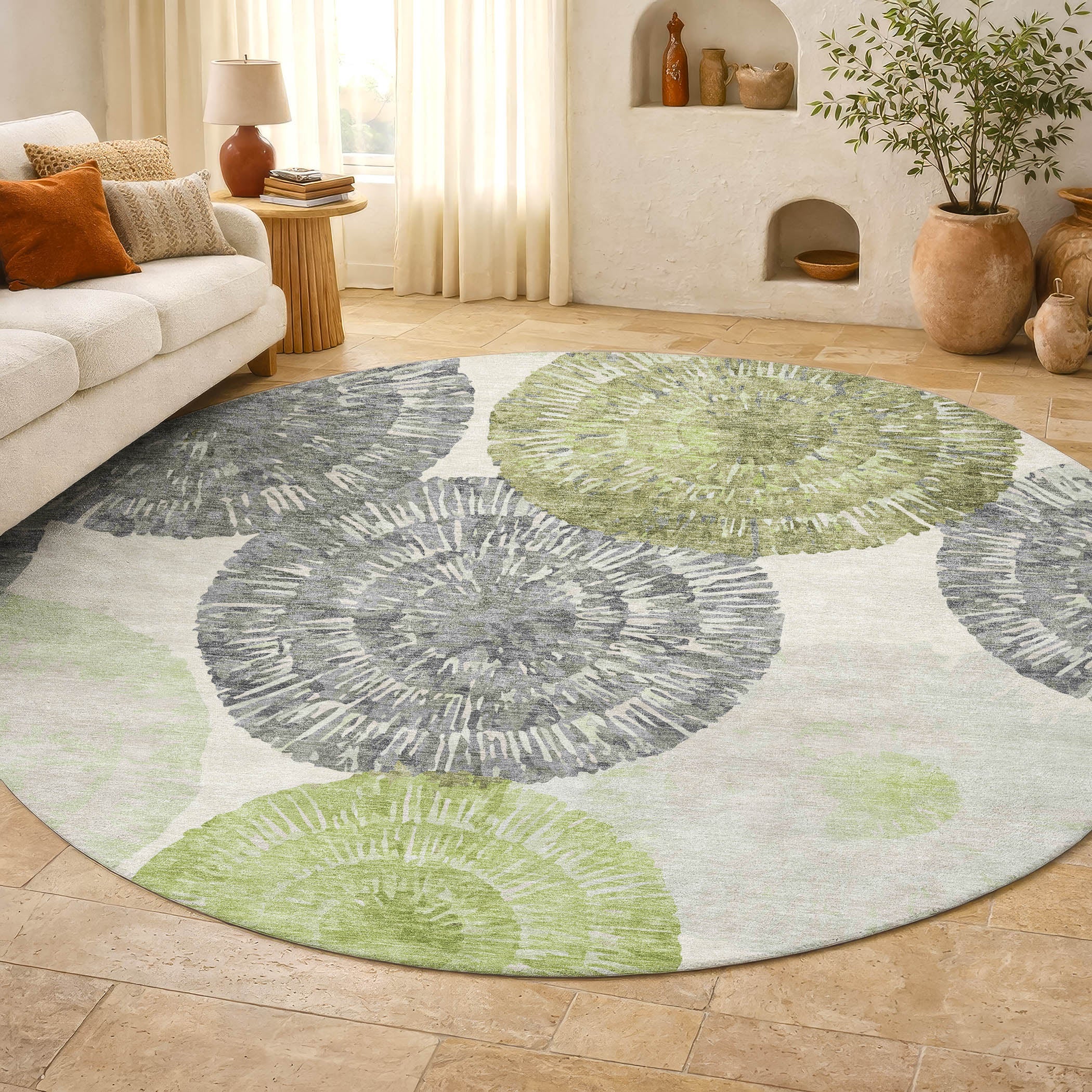 Vienna Machine Washable Transitional Aloe Green Rug 8' x 8' #shape_Round