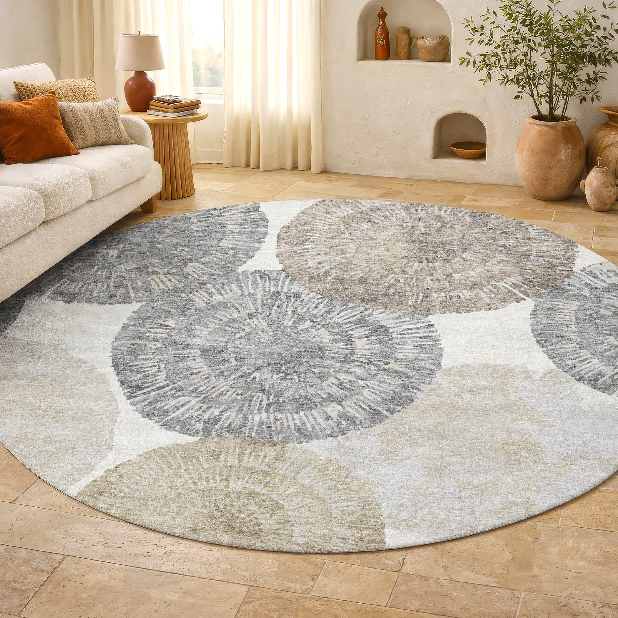 Vienna Machine Washable Transitional Linen Ivory Rug 8' x 8' #shape_Round