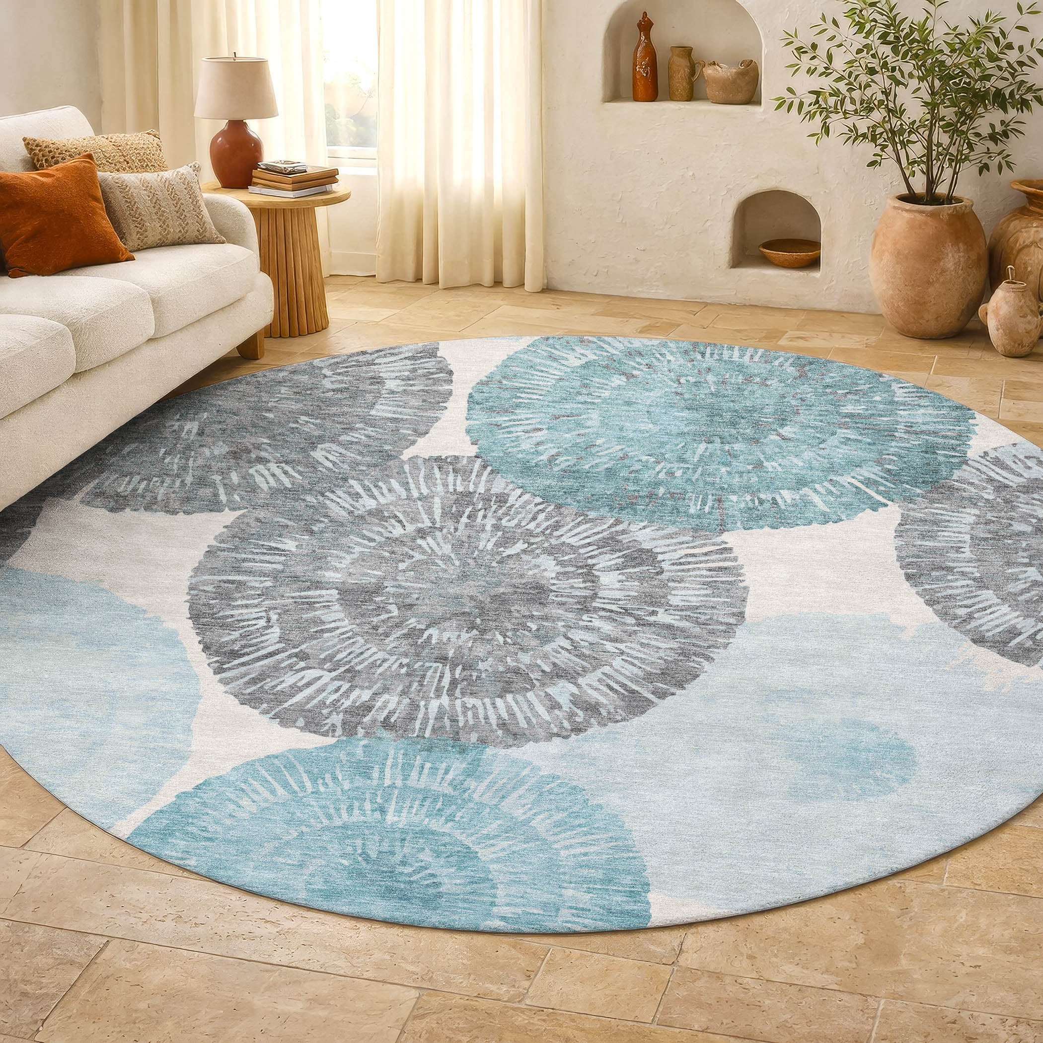 Vienna Machine Washable Transitional Teal Rug 8' x 8' #shape_Round