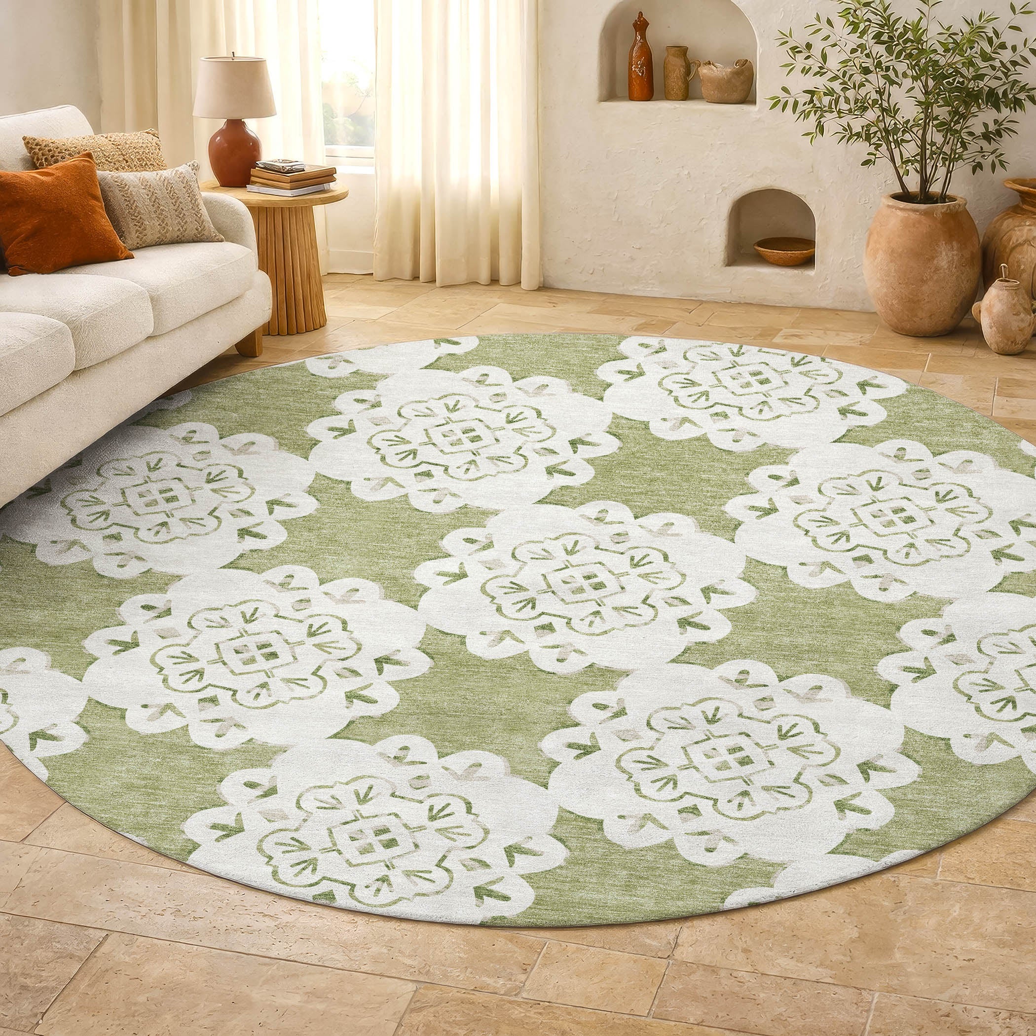 Mostar Machine Washable Transitional Aloe Green Rug 8' x 8' #shape_Round